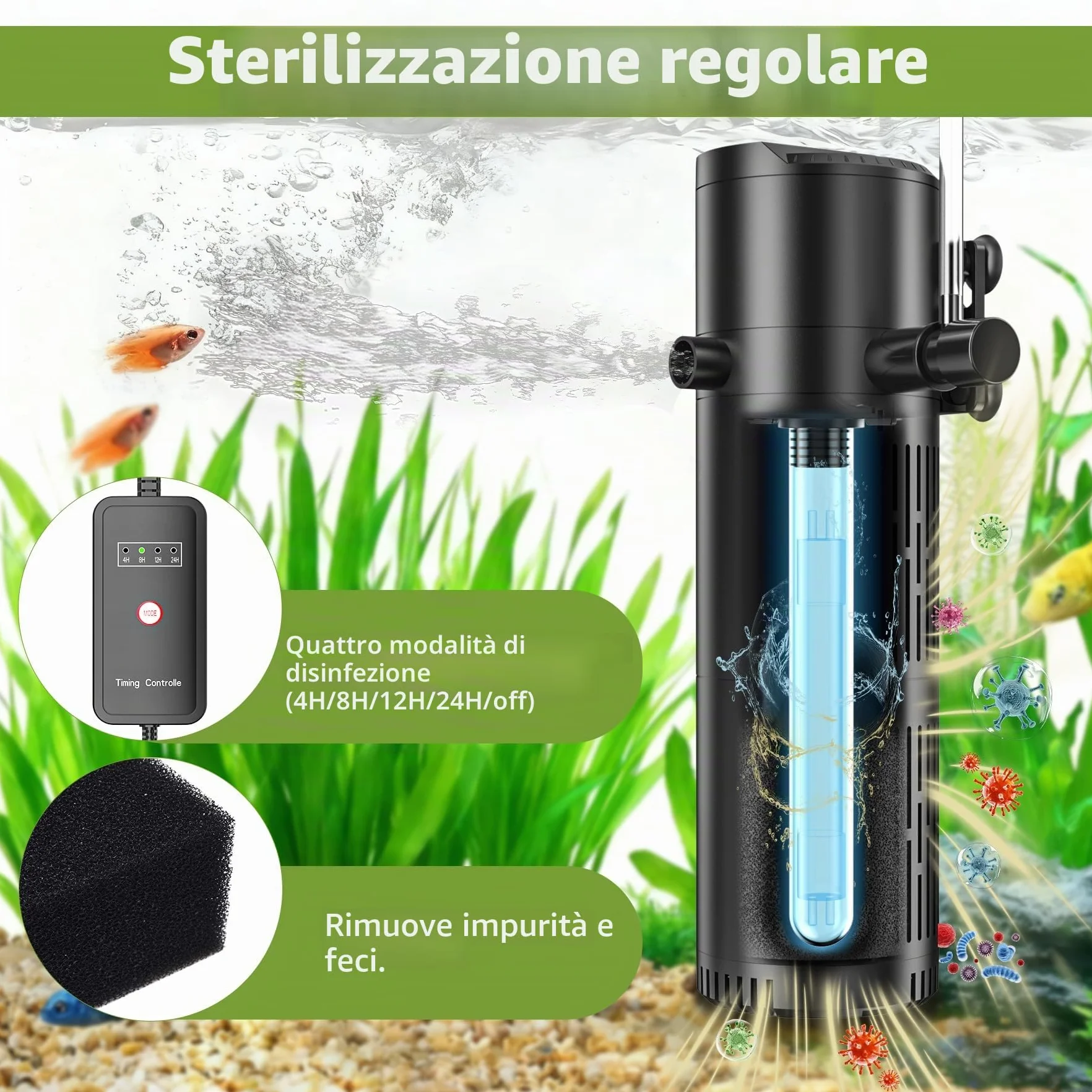 Forever Speed Filtro per Acquario con chiarificatore UVC 6W,Pompa Acquario Integrata, Filtro Interno 5 in 1 per acquari 40–100L (500L/H)
