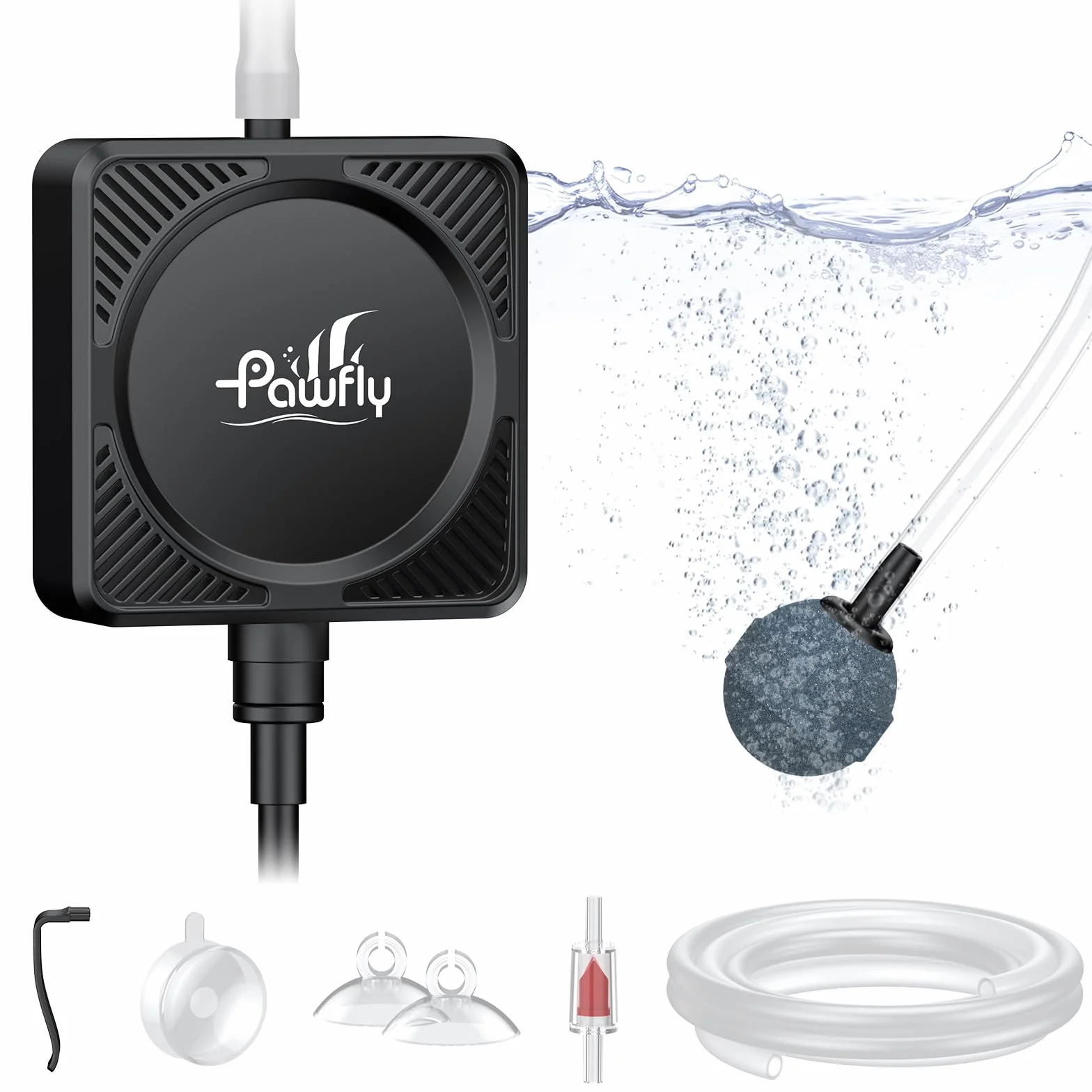 Pawfly Pompa Aria Acquario 450 mL/min 1.3 W, Ultra Silenziosa Mini Bollitore per Vasche fino a 60 L, Ossigenatore Portatile con Tubo, Pietra Porosa, Valvola di Non Ritorno