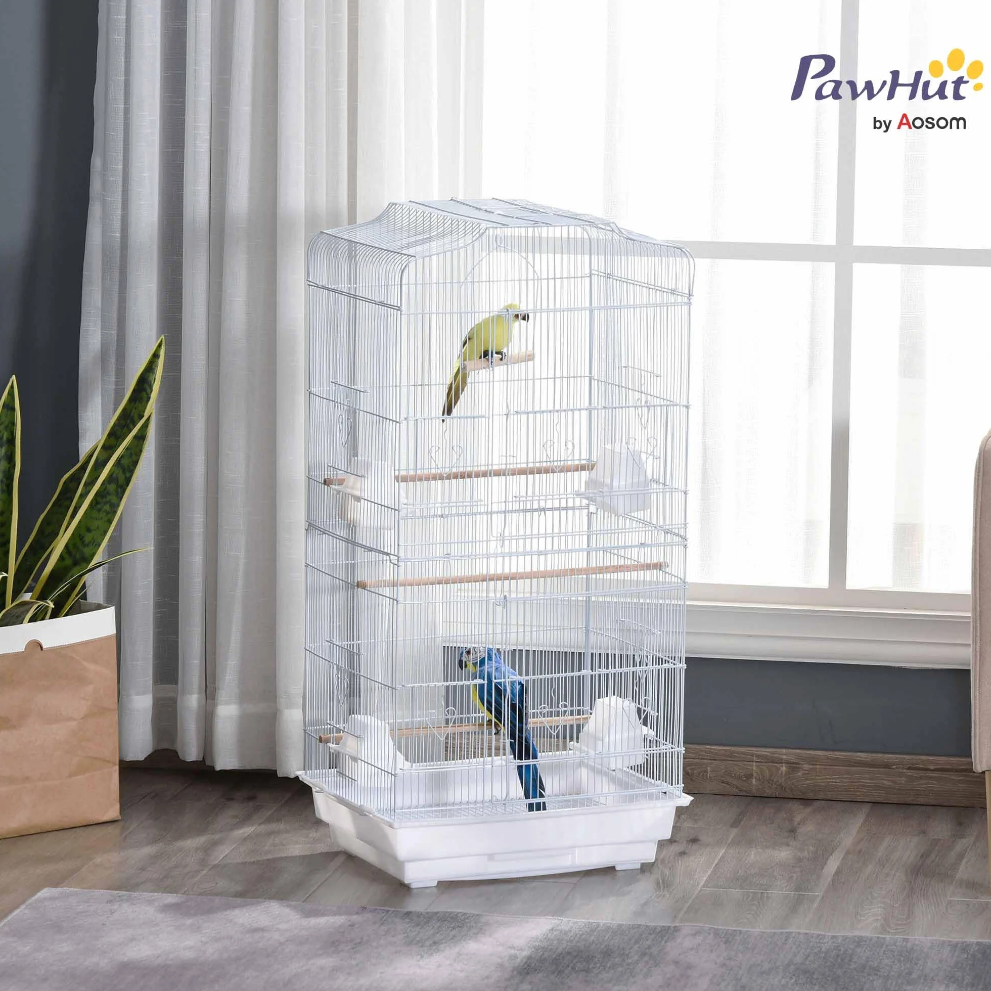 PawHut Gabbia per Uccelli Portatile con Vassoio Estraibile, Voliera per Pappagallini, 46.5x35.5x92cm, Bianco