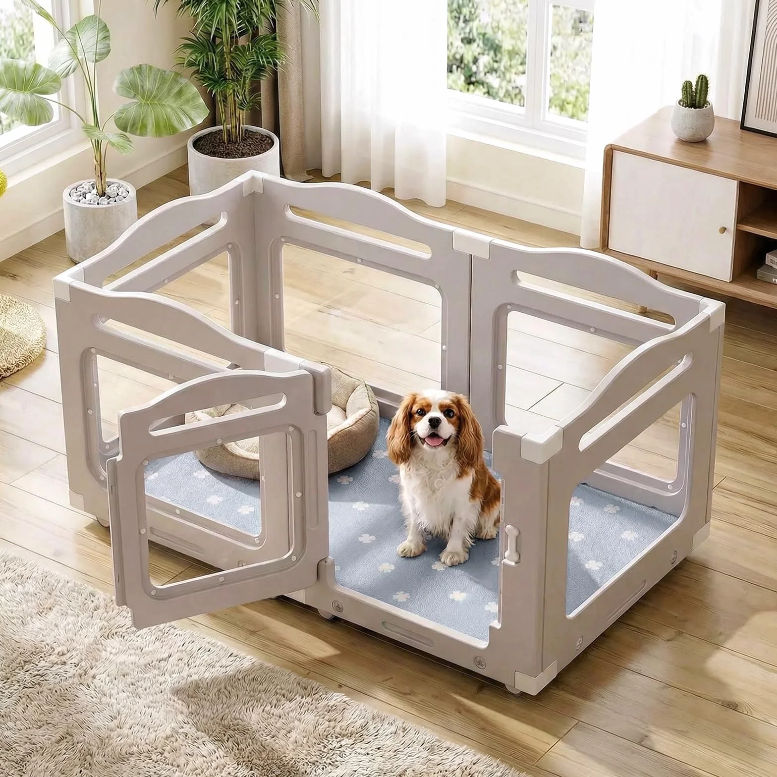 MAMIZO Recinto per Cani Acrilico 126 × 68 cm, Box per Cuccioli con Ruote e Base, Box per il Parto Cani con Cuscinetto Impermeabile, 5+1 PCS Pannelli Parco per Cani adatto Appartamento, Grigio Caldo