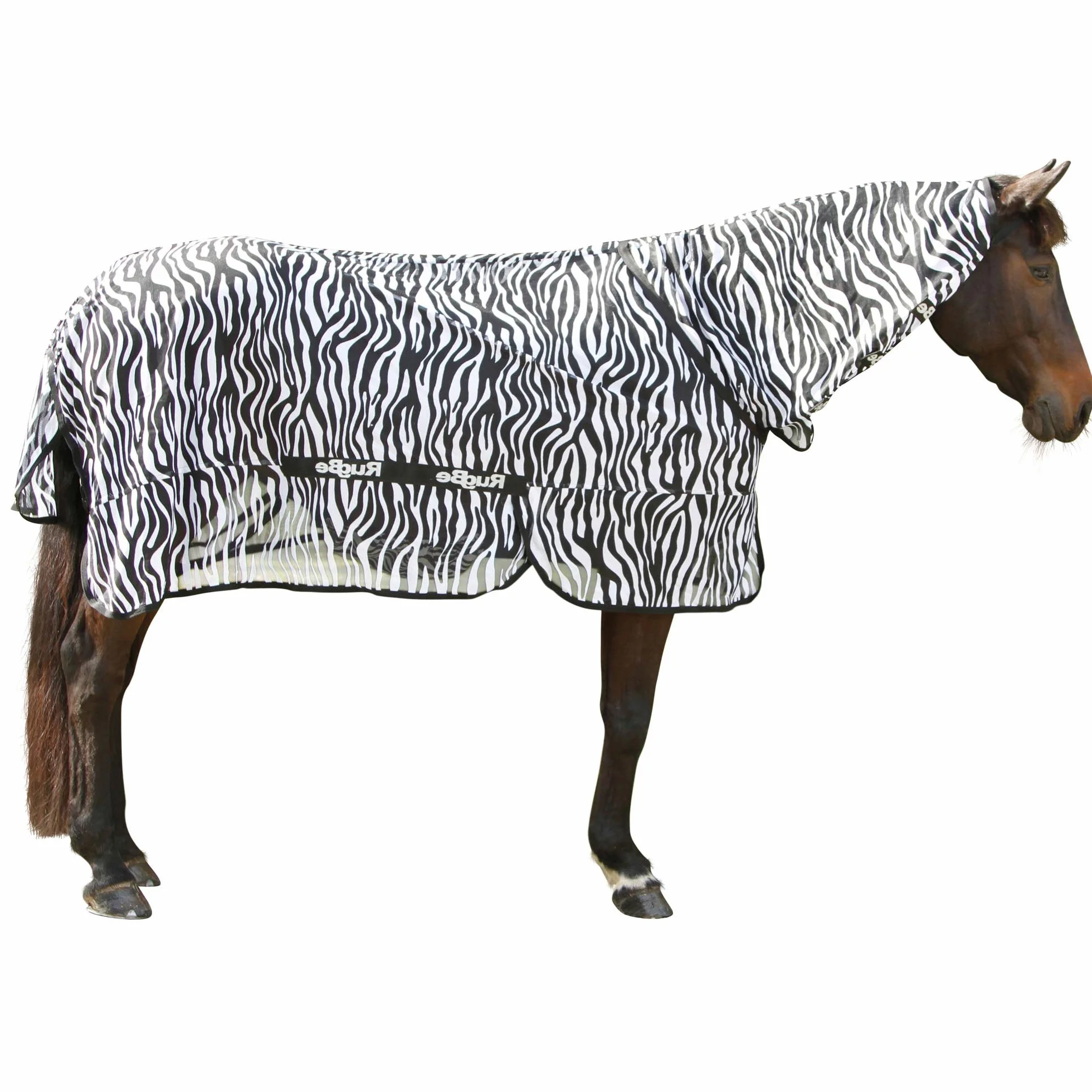 Kerbl RugBe Zebra, coperta anti-mosche per cavalli bianca/nera, lunghezza dorso 155 cm, totale 205 cm, protezione UV 90% (UPF 16), chiusura a strappo, lavabile a 30 °C.
