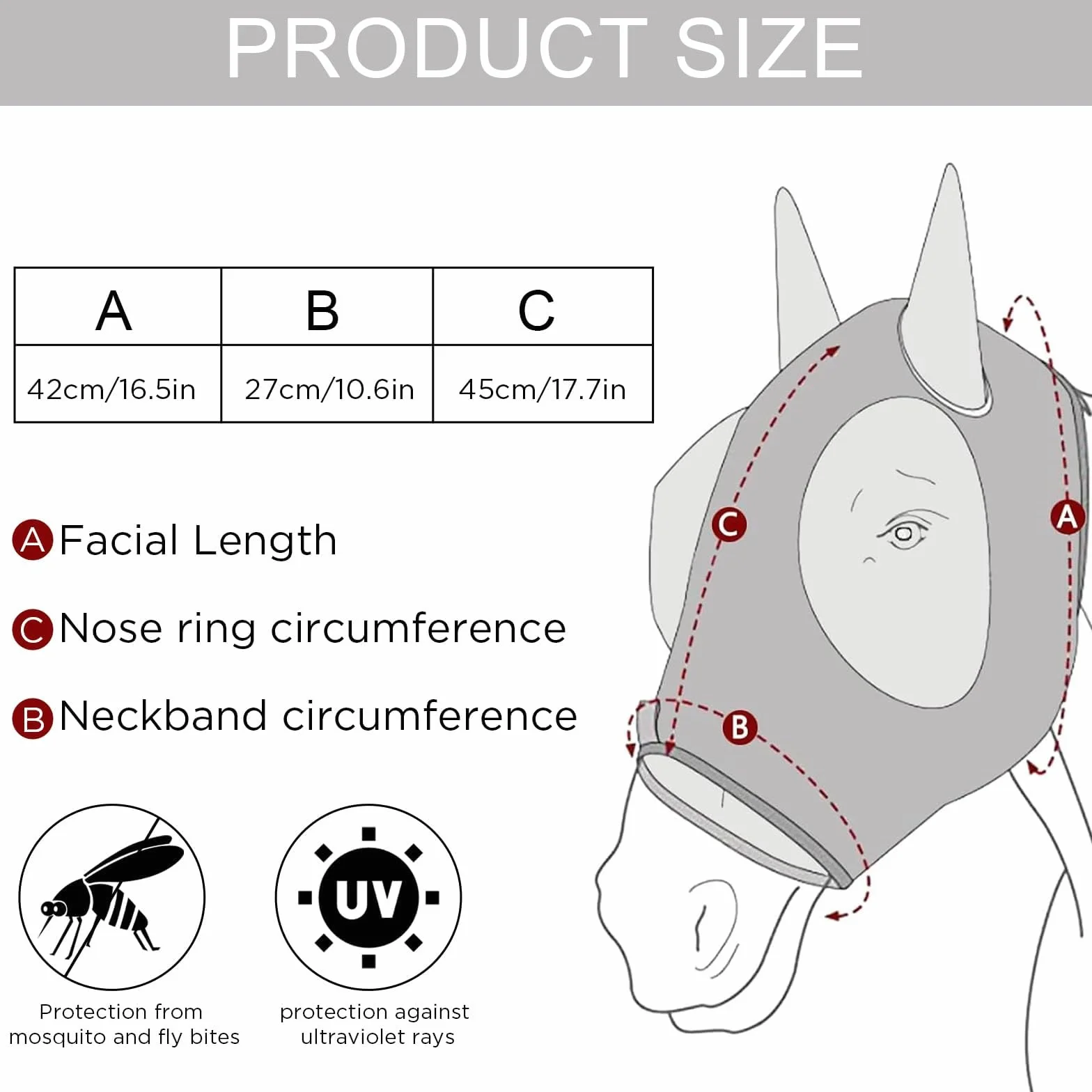 Maschera Antimosche Cavallo Protezione UV Elastico Grigio