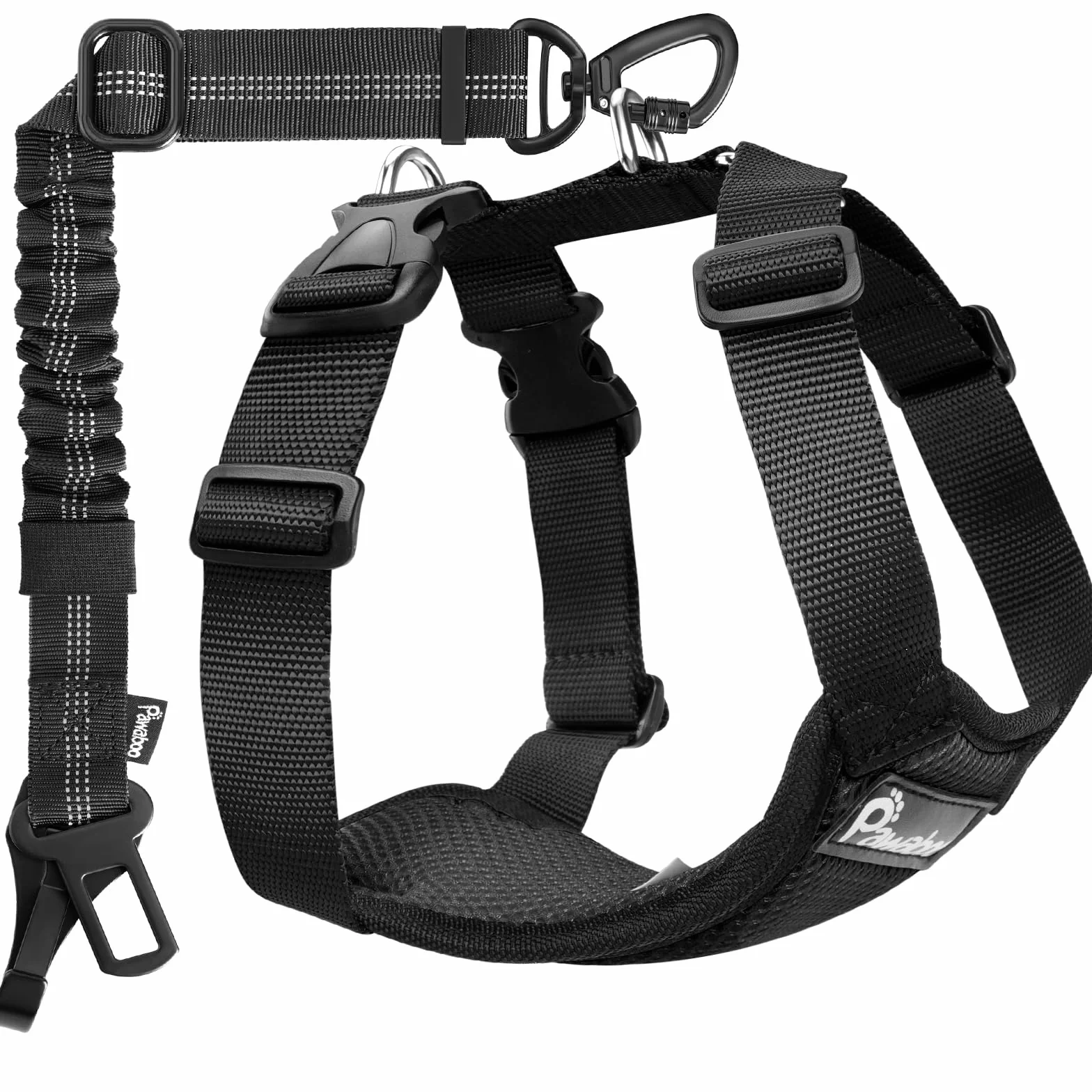 Pawaboo Cintura di Sicurezza per Cani da Auto,Imbracatura Cani Auto con Doppia Clip,Giubbotto Traspirante Regolabile&Cinghia Sicurezza con Elastico per Animali Piccola,Media,Grande, XL, Nero