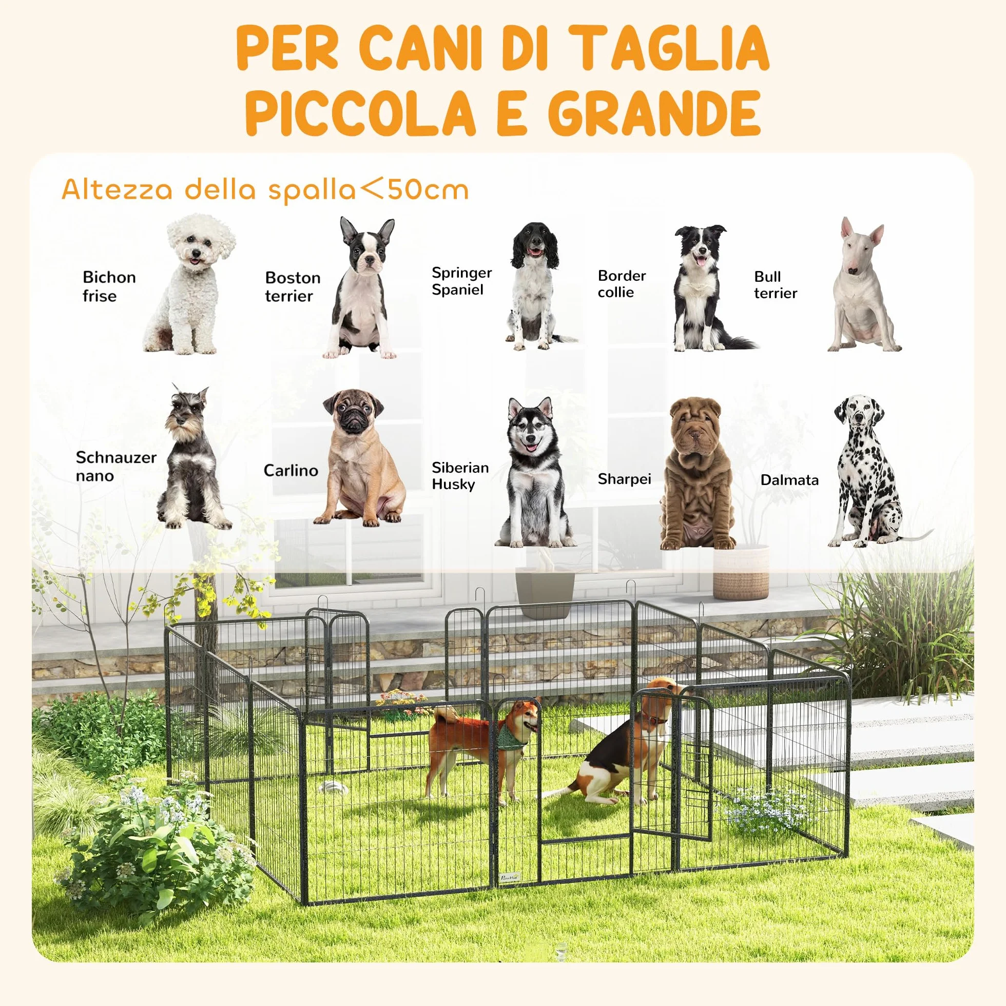 PawHut Recinto per Cani 12 Pannelli Modulabili 80x1.5x80 cm Box Pieghevole con Porta in Acciaio Grigio