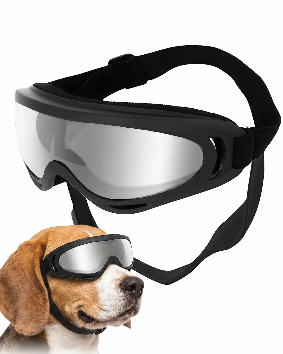 Occhiali per Cani Protezione UV, Occhiali da Sole per Cani Antivento per Cani di Taglia Media e Grande con Cinghie Regolabili, Maschera con Lenti Argentate per Guida Attività all'Aperto