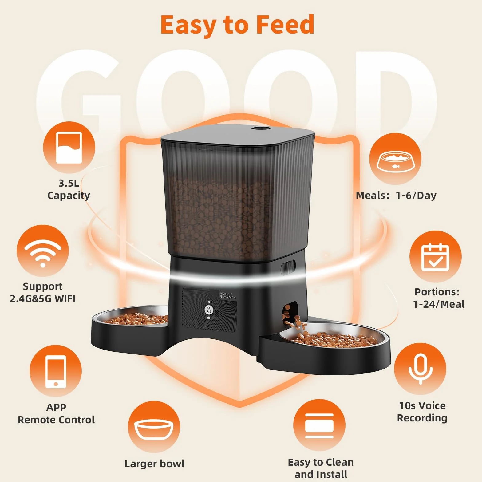 HoneyGuaridan Distributore Automatico Cibo Gatti con WiFi 2.4G/5G, 3,5L Dispenser Crocchette Gatto – Include 2 Ciotole in Acciaio Inossidabile & 2 Ciotole Slow Feeder Anti-Soffocamento