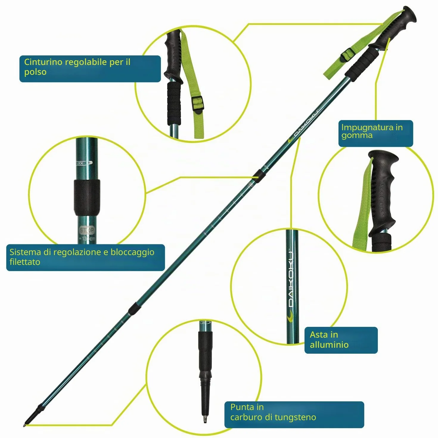 Bastoni da Trekking Estensibili Daikoku 65-135cm in Alluminio Leggeri e Resistenti con 6 Punte