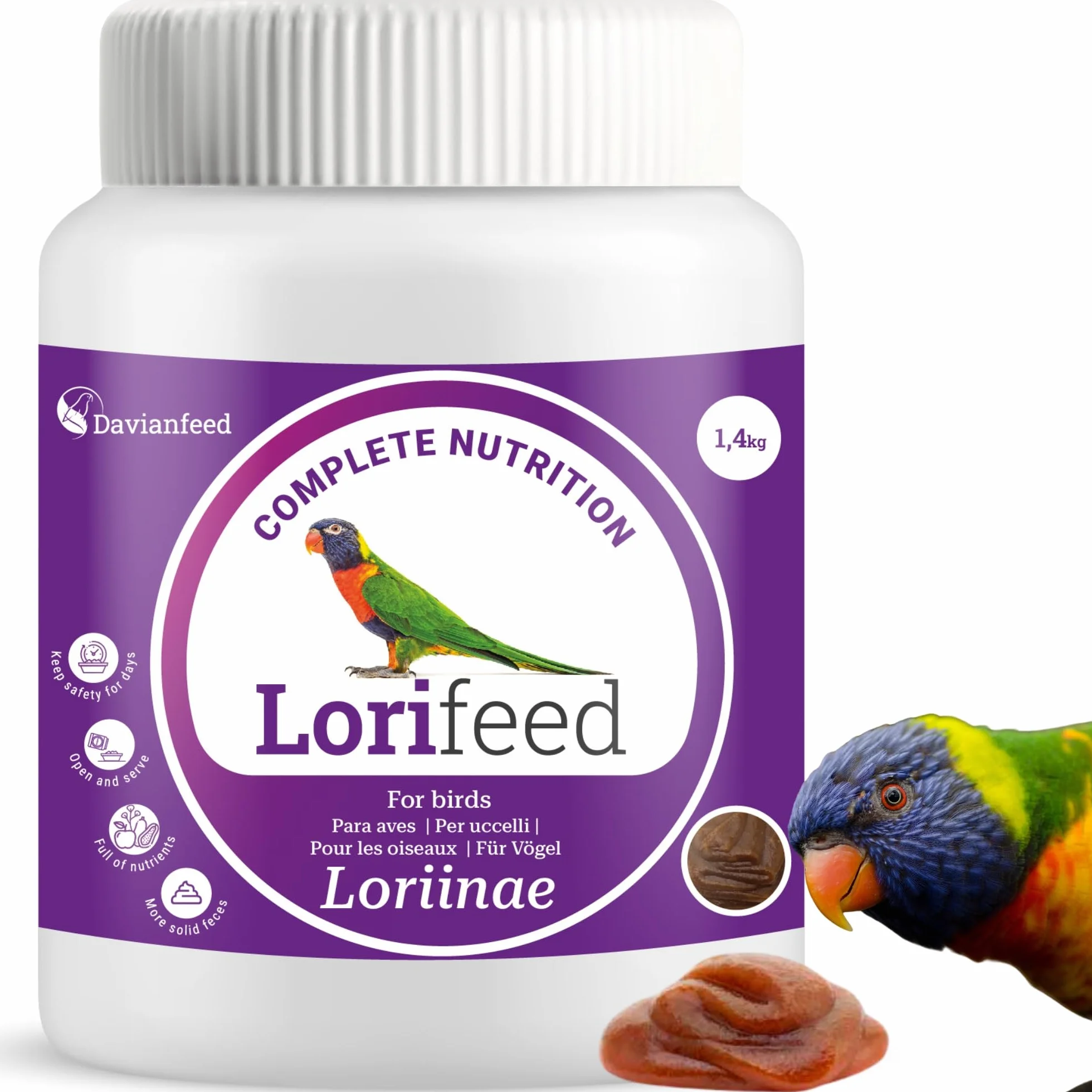 Lorifeed - Nettare Completo per Lori 1,4 kg - Alimentazione per Uccelli Nettafori - Formula Naturale - Qualità Premium per la Salute Digestiva - Davianfeed