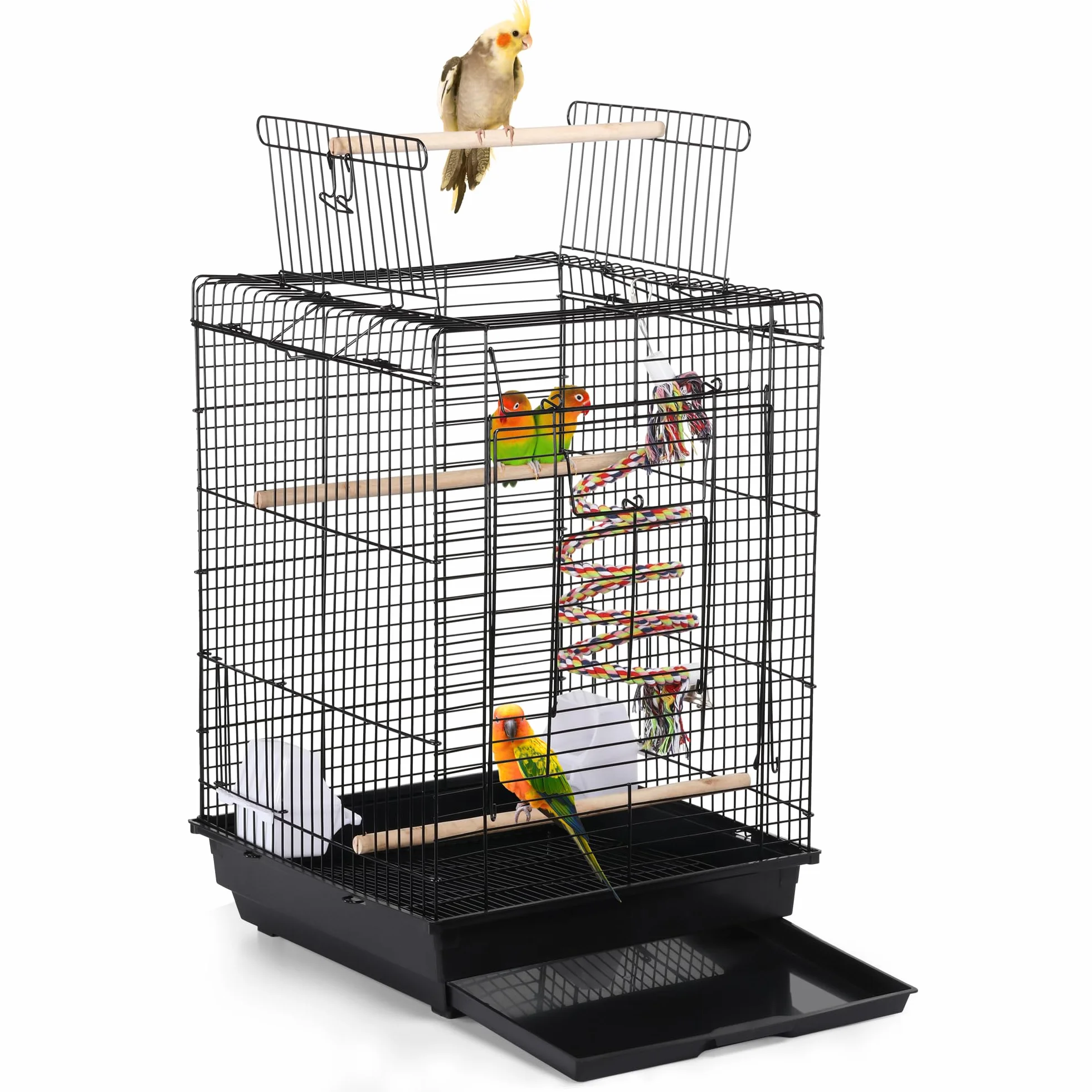 Yaheetech Gabbia per Uccelli Pappagalli Inseparabili Voliera in Metallo con Tetto Apribile Posatoio in Legno e Giocattolo 40 x 40 x 58 cm Nero