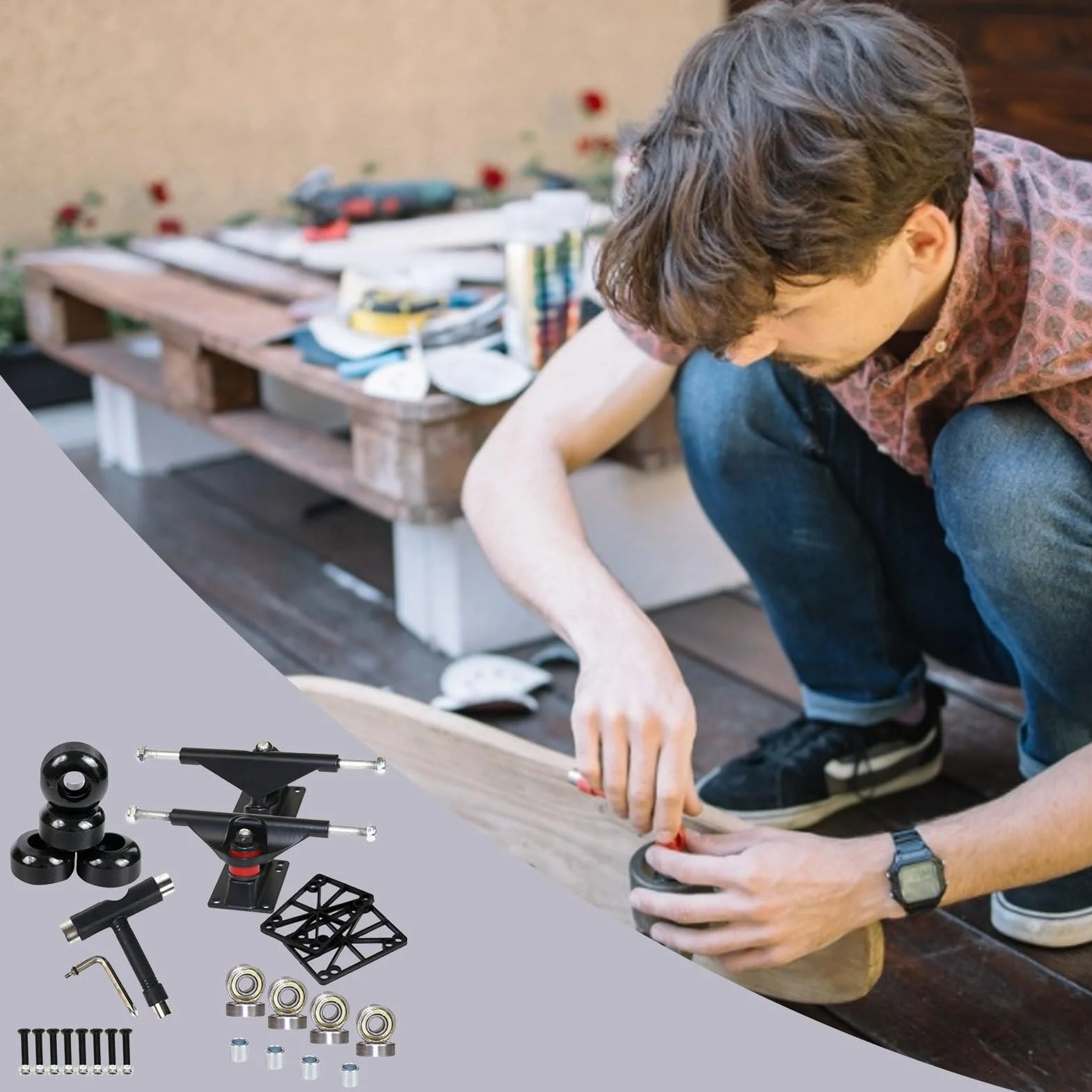 Set Completo Skateboard con Truck Coppia in Metallo 4 Ruote PU 8 Cuscinetti Kit Montaggio Double Kick