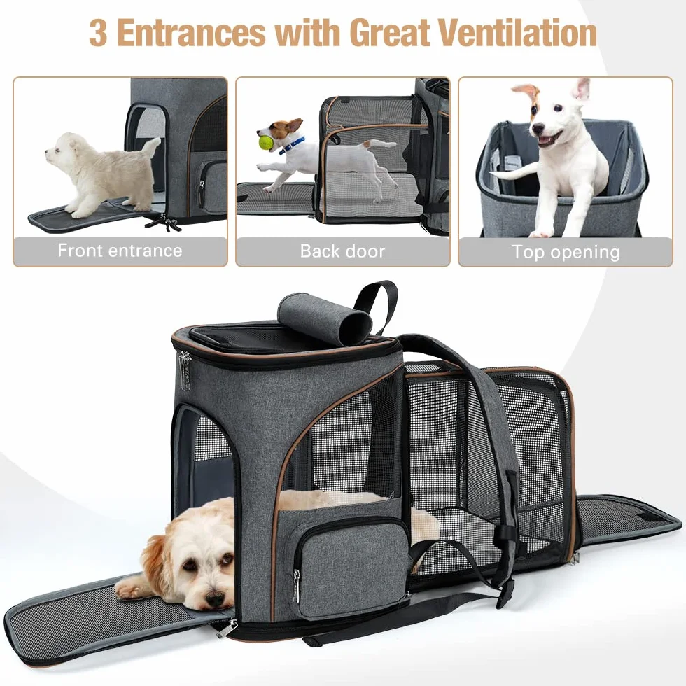 Lekesky Zaino per Cani Gatti Grande Porta Animali Estensibile, Portatile Zaino Trasportino Gatto Pieghevole con Guinzaglio Interno e 2 Tappetini, Per Cani Piccoli Gatti Medi Fino a 5 KG, Grigio