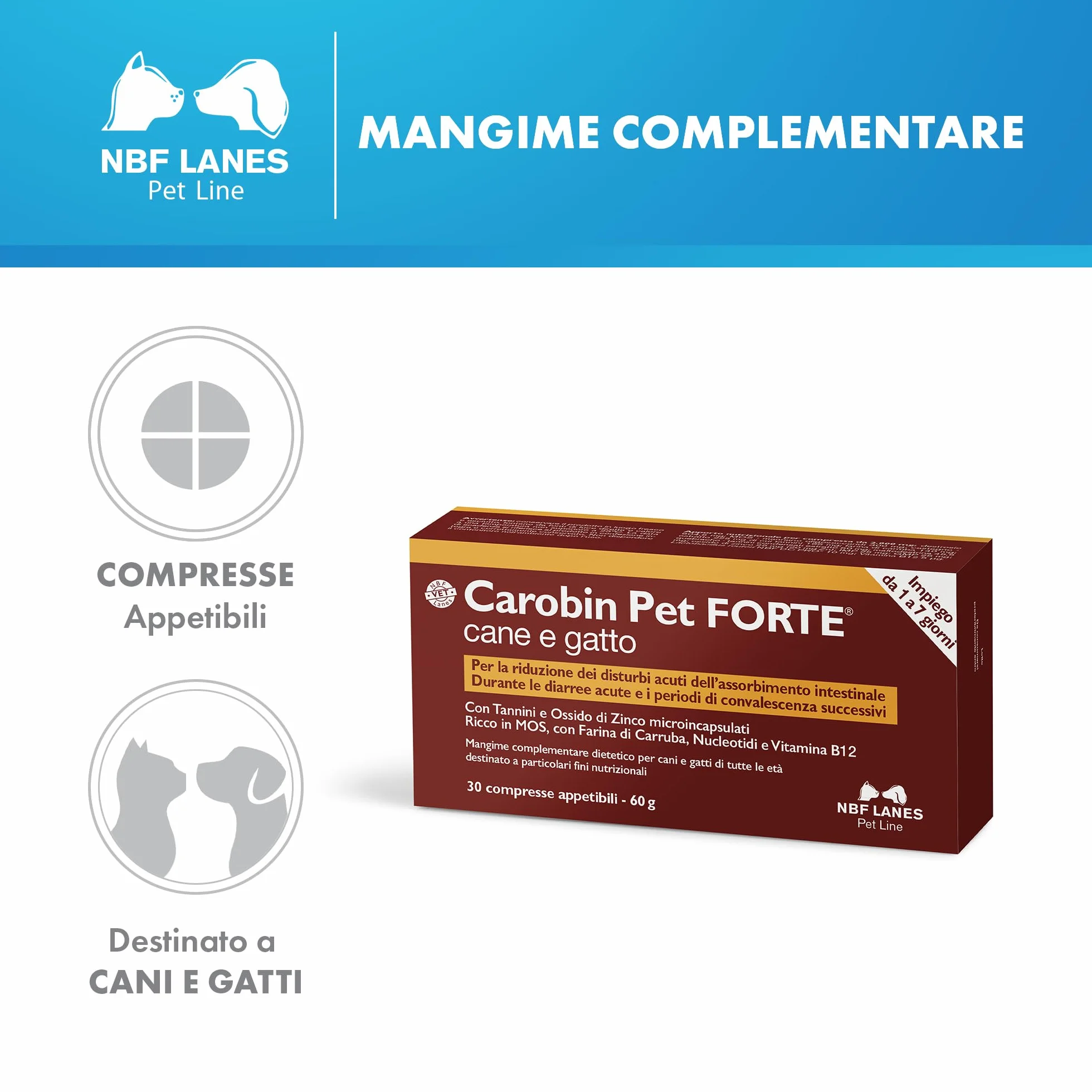 NBF Lanes | Carobin Pet Forte Cane Gatto, 30 Compresse Appetibili, Riduzione Disturbi Acuti dell’Assorbimento Intestinale, Diarree Acute, Convalescenza