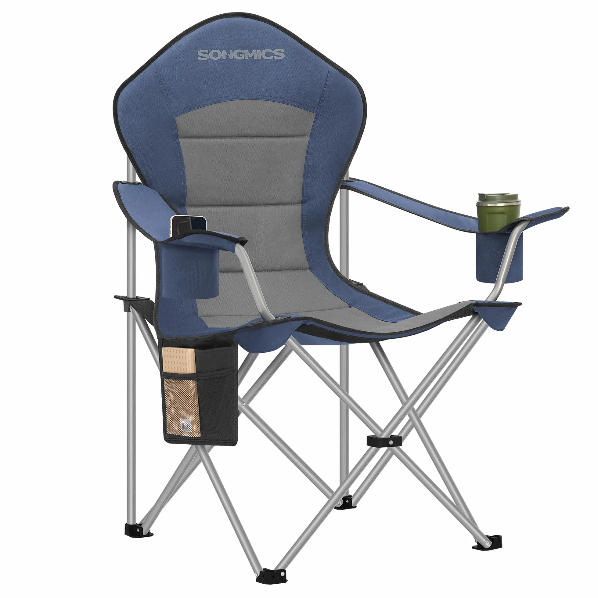 SONGMICS Sedia da Campeggio, Sedia Pieghevole e Portatile con Seduta Ampia, Schienale Alto, con Portabicchiere, Supporto per Cellulare, Organizzatore in Tessuto, Blu e Grigio GCB005QE01