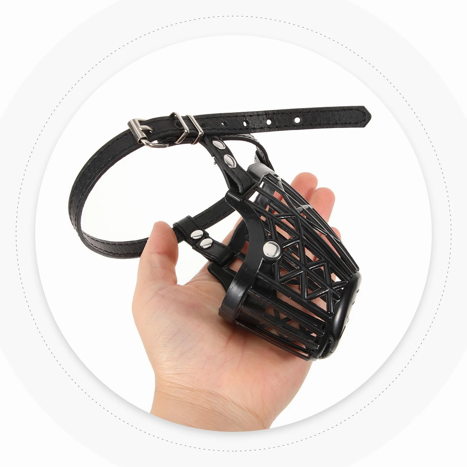 Artibetter Museruola Sicurezza Anti-morso in Plastica con Cinturino Regolabile per Cani in Pu Pelle Nero Design a Gabbia Traspirante per Cani e Animali Domestici