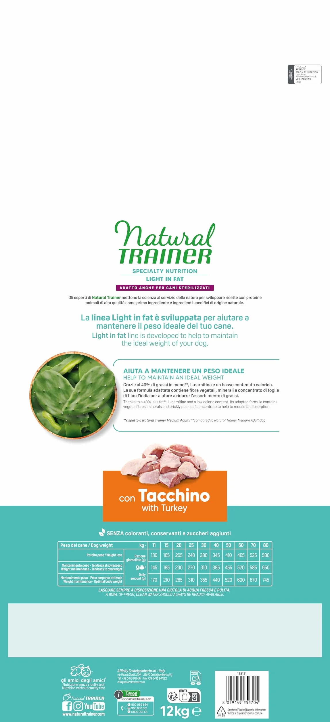 Natural Trainer Ideal Weight Medium&Maxi Cibo per Cani Adulti Light in fat con Tacchino 12kg