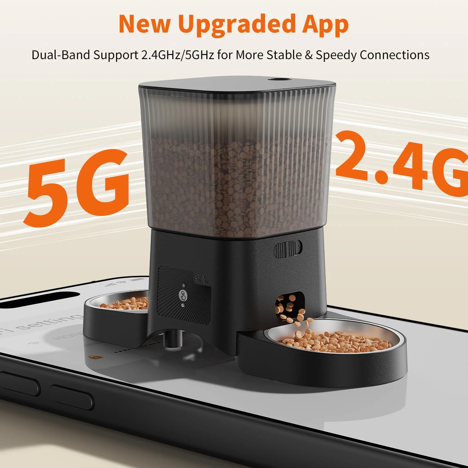 HoneyGuaridan Distributore Automatico Cibo Gatti con WiFi 2.4G/5G, 3,5L Dispenser Crocchette Gatto – Include 2 Ciotole in Acciaio Inossidabile & 2 Ciotole Slow Feeder Anti-Soffocamento
