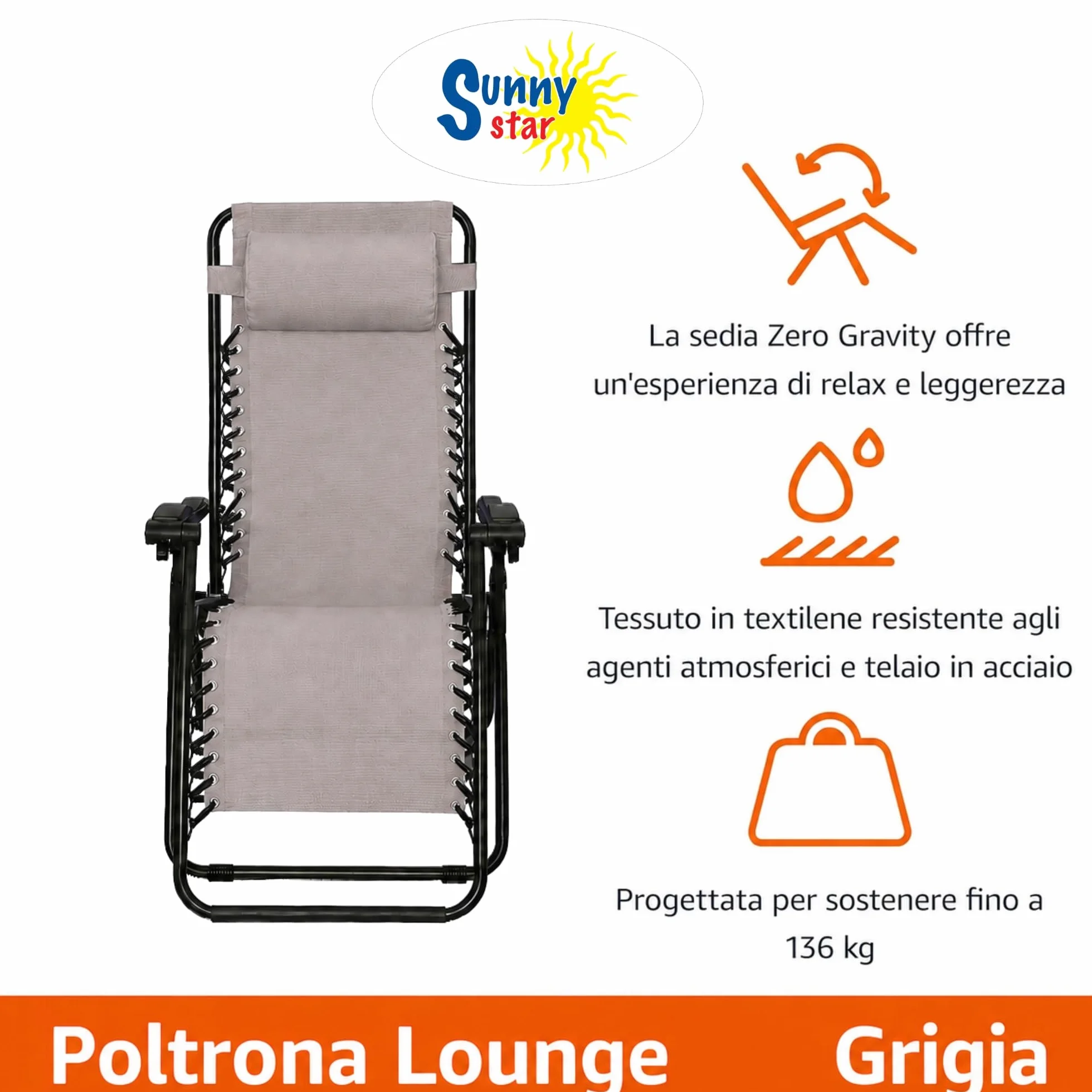 SUNNY STAR 2 Sedie Zero Gravity 115x65x90cm colore grigio (2 STC1438)