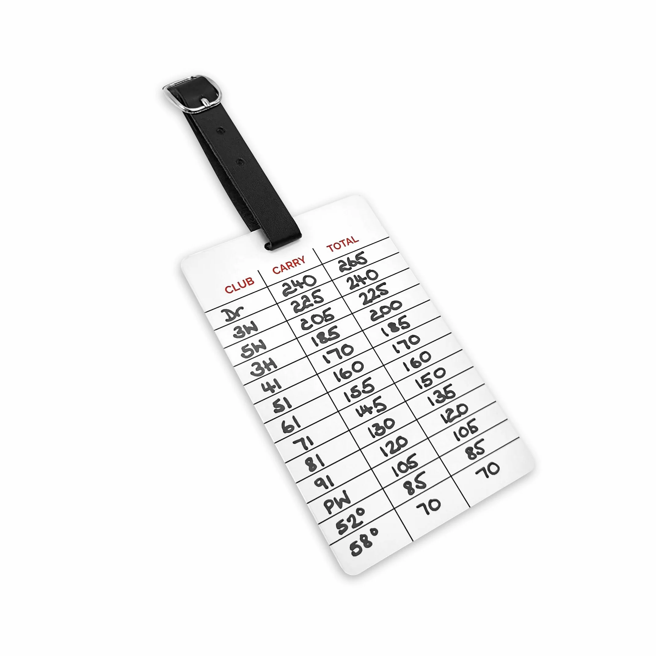 Golf Gapping Chart Bag Tag- Club, Carry & Total Distance Matrix per borsa completa