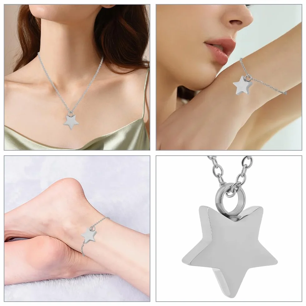 CREATCABIN Collana Urna A Forma Stella per Ceneri Ricordo Gioielli per Cremazione Urne Acciaio Inossidabile Ciondolo Mini Urna Collana Stella Argentata Medaglioni Portacenere Spilla A Imbuto 45.7cm