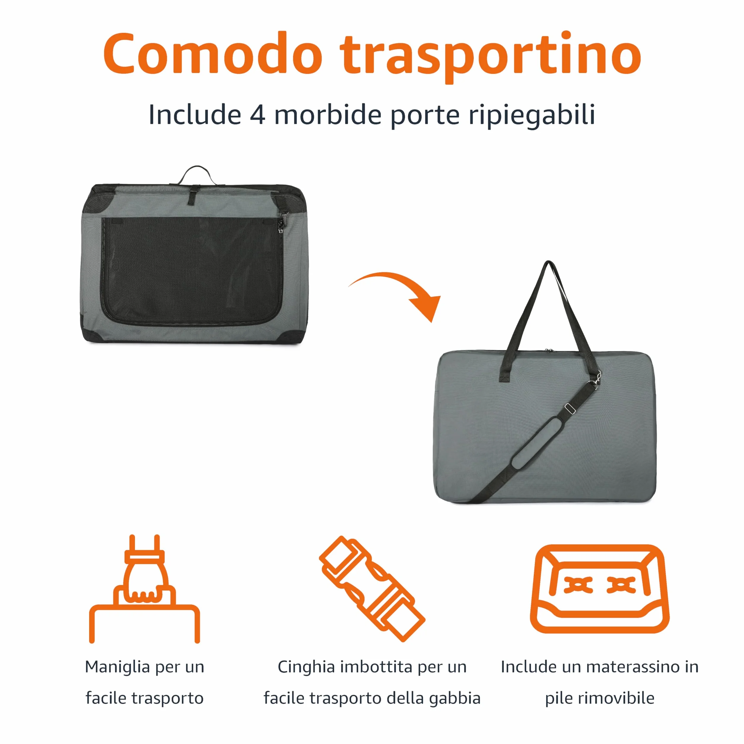 Amazon Basics Trasportino portatile e pieghevole a 4 porte per cani e gatti, Grigio M 76 cm x 54 cm x 54 cm