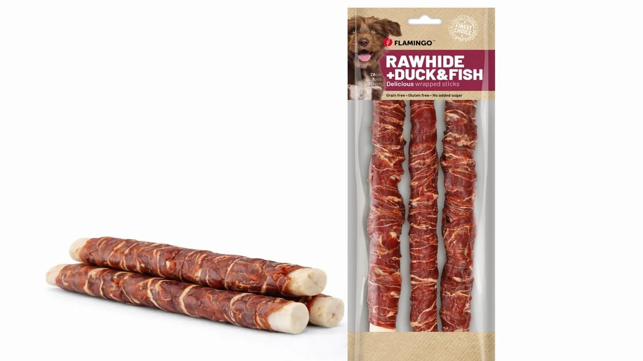 snack per cani - bastoncini per cani - R'Hide con anatra e merluzzo - 28 cm - 3 pezzi - 280 g - senza glutine - senza cereali - senza zuccheri aggiunti