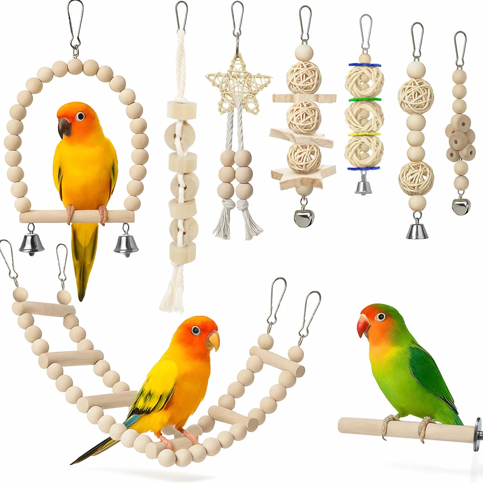 Set di Giochi per Pappagalli,Giocattoli in Legno Naturale per Pappagallini(9 pezzi)|Altalene+Scaletta+Giocattolo da Masticare (Colore del legno)