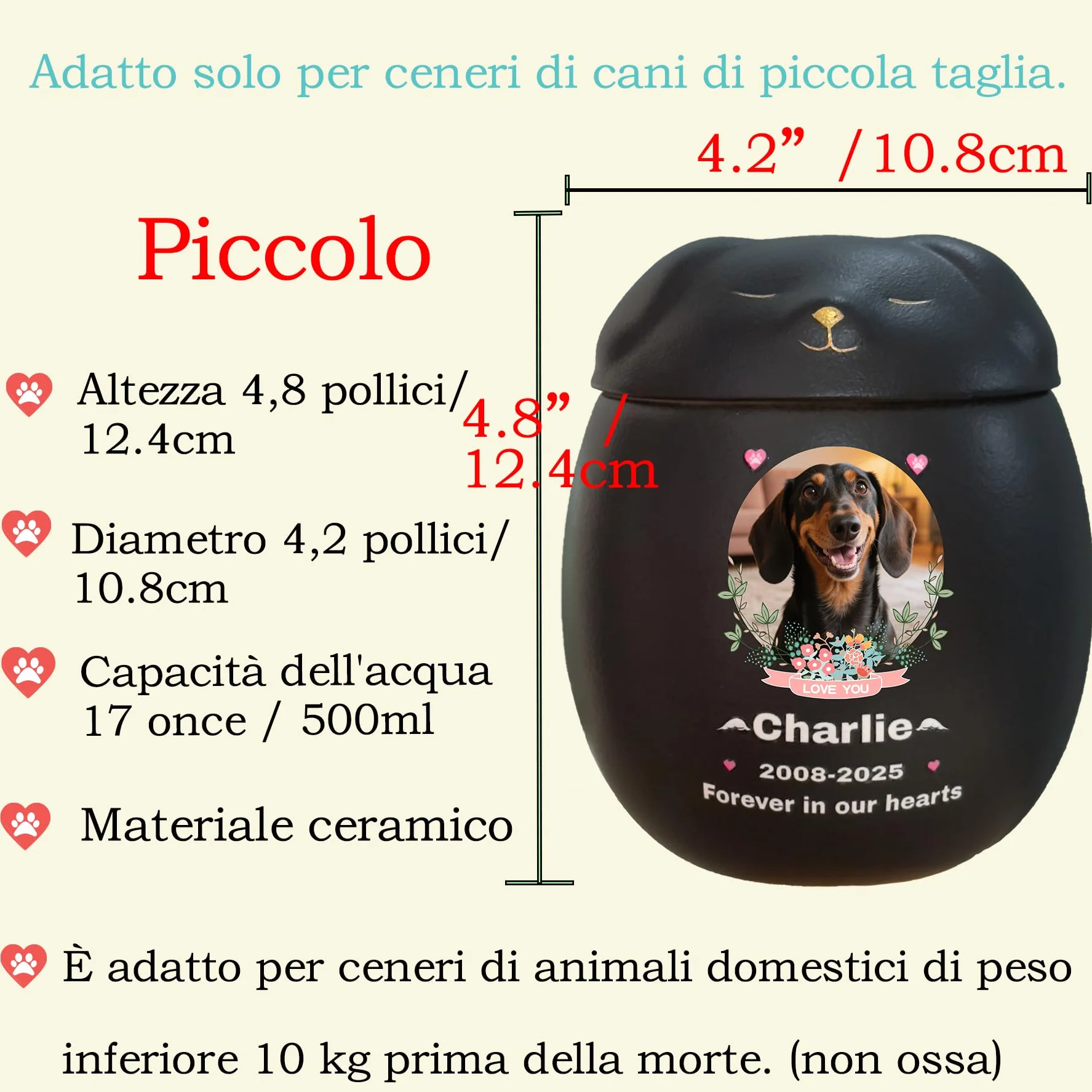 Urna per cani personalizzata in ceramica fatta a mano, Piccola per ceneri ≤ 10 kg