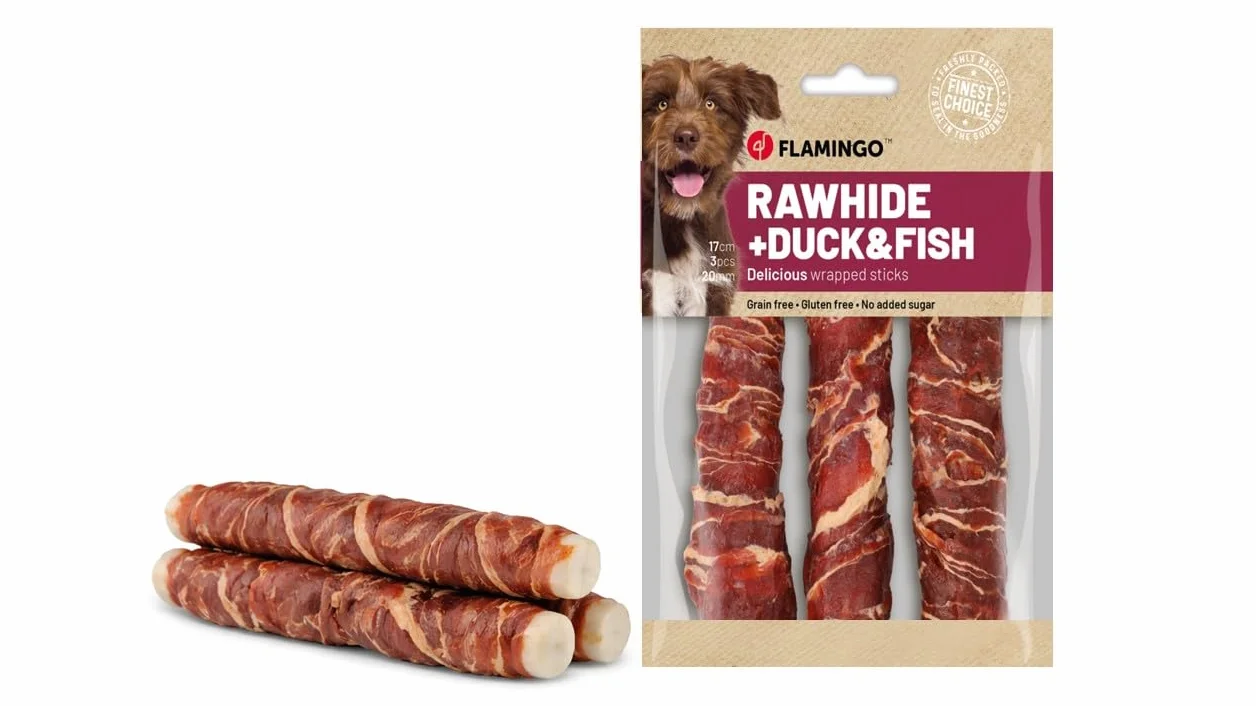 snack per cani - bastoncini per cani - R'Hide con anatra e merluzzo - 17 cm - 3 pezzi - 155 g - senza glutine - senza cereali - senza zuccheri aggiunti
