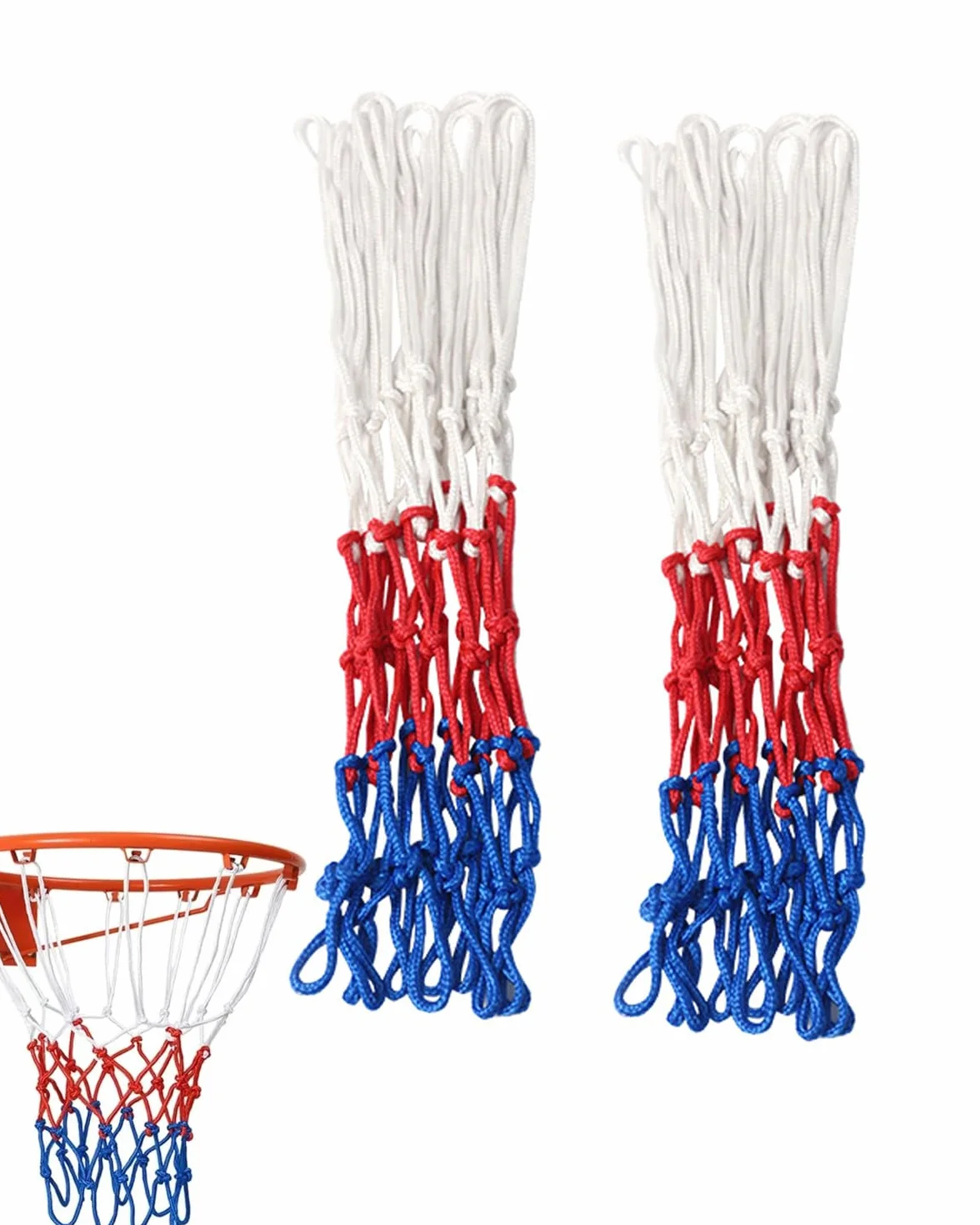 Reti per Canestro da Basket 2 Pezzi Blu Rosso Bianco | 12 Anelli Professionali per Esterno, Rinforzate e Resistenti alle Intemperie per Canestri Standard