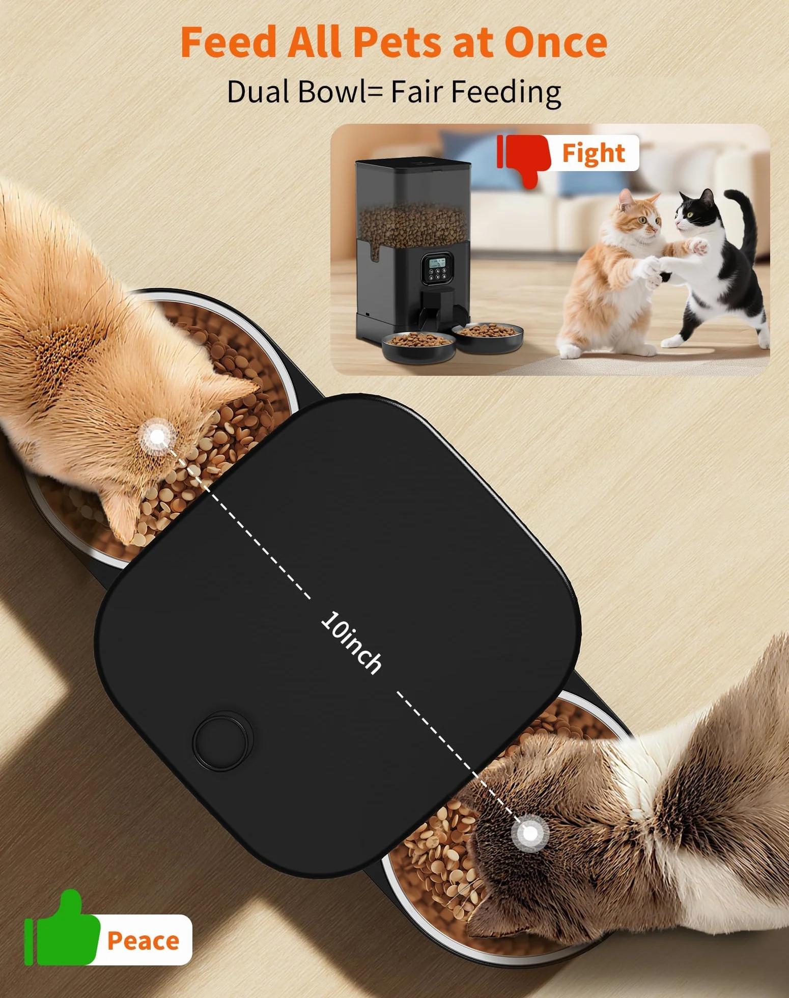 HoneyGuaridan Distributore Automatico Cibo Gatti con WiFi 2.4G/5G, 3,5L Dispenser Crocchette Gatto – Include 2 Ciotole in Acciaio Inossidabile & 2 Ciotole Slow Feeder Anti-Soffocamento