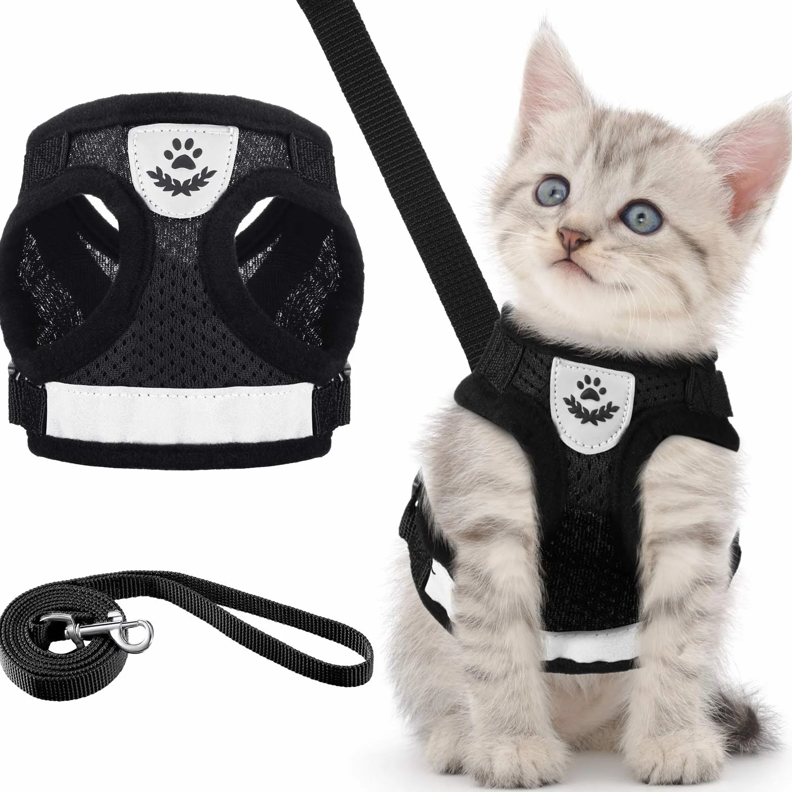 Set Pettorina e Guinzagli per Cuccioli/Gatti Imbracature per Gilet Regolabili in Maglia Morbida a Prova di Fuga Fascia Toracica in Rete Traspirante per Animale Passeggiate, XS (Nero)