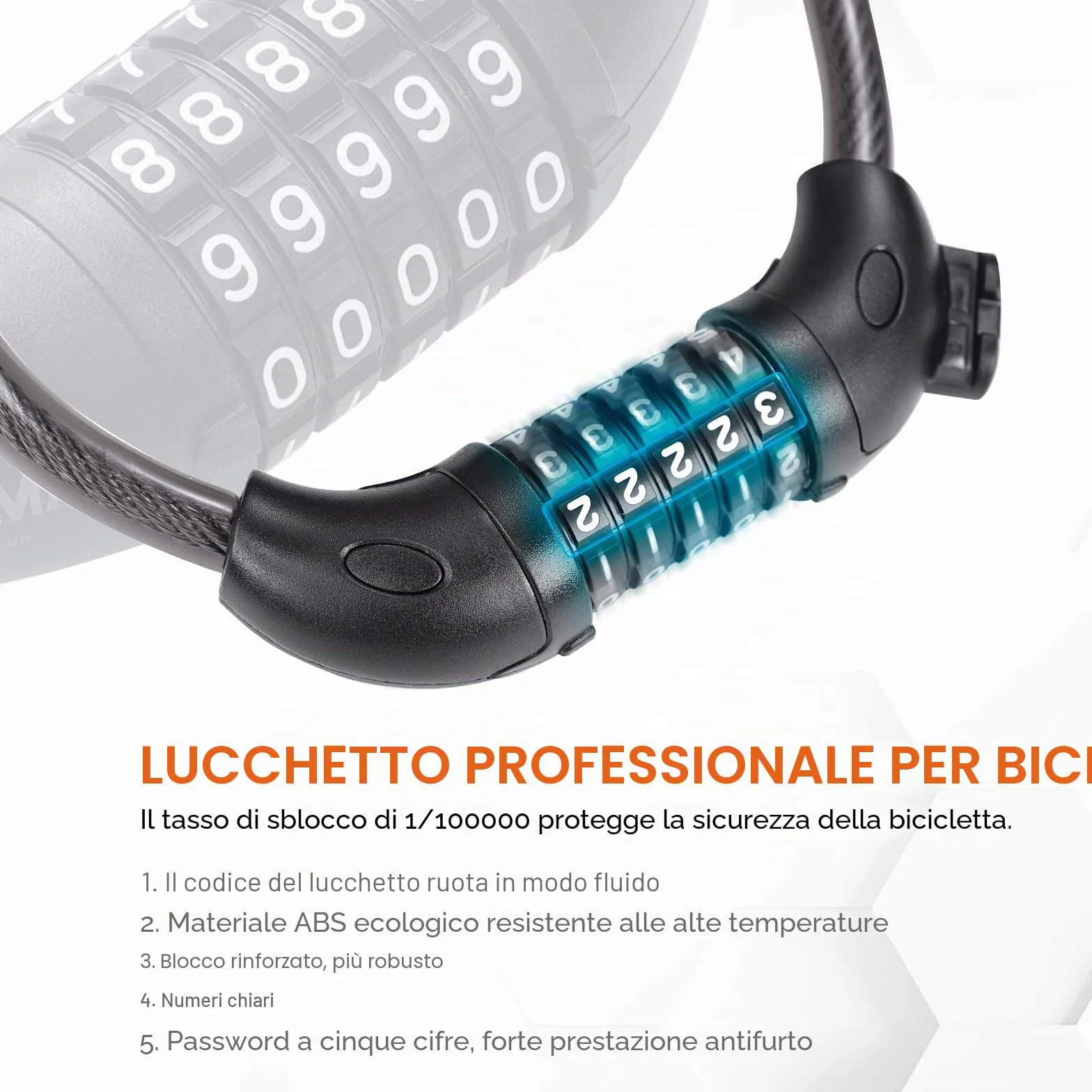 GRIFEMA GA1203-12 Lucchetto per bicicletta antifurto con combinazione di 5 cifre per biciclette, moto, scooter, 120 cm, nero