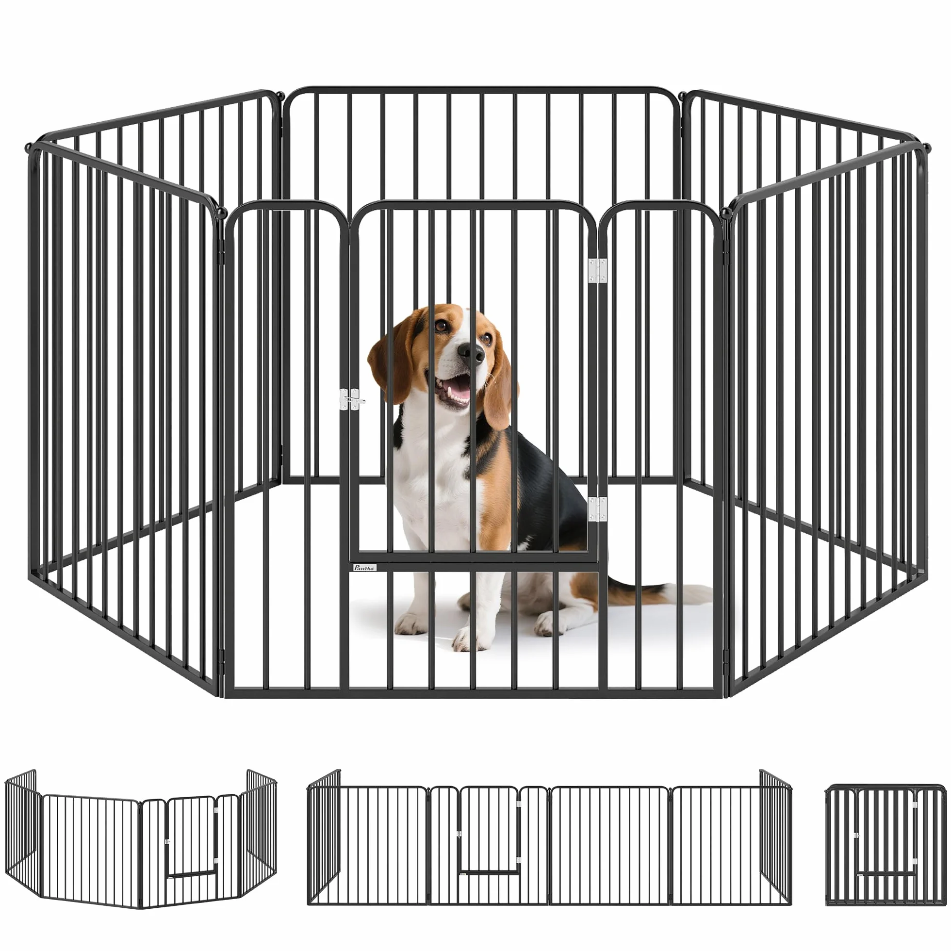 PawHut Box per Cani Taglia Media e Piccola a 6 Pannelli Modulabili da Interno ed Esterno, Cancello per Cani in Acciaio con 9 Picchetti, 164x83x80 cm, Nero