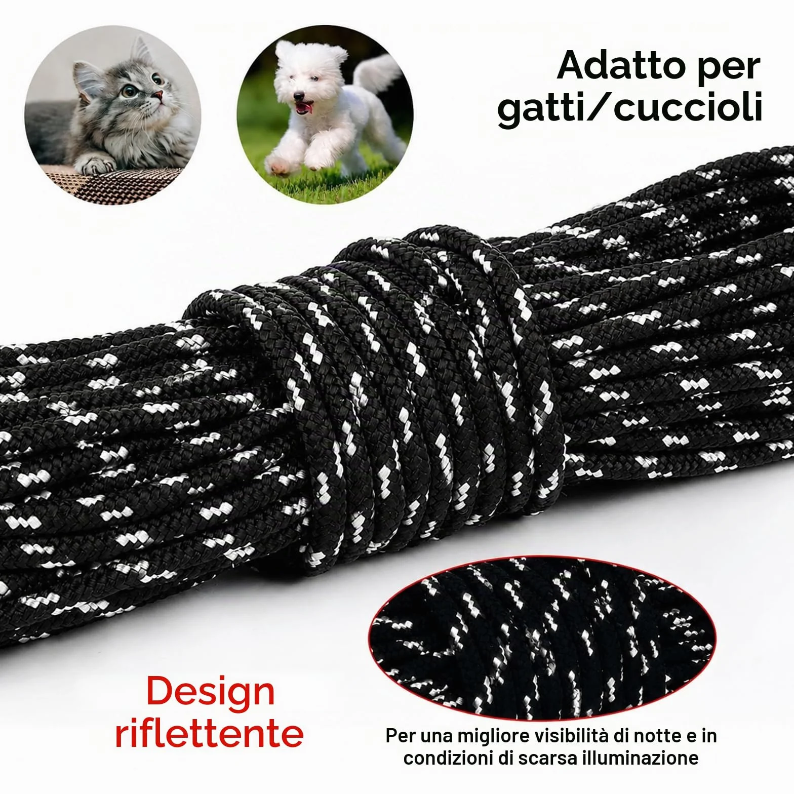 Guinzaglio lungo riflettente per gatti, 9 m, a prova di fuga, lungo e sicuro, per gatti, cuccioli, conigli e piccoli animali Nero