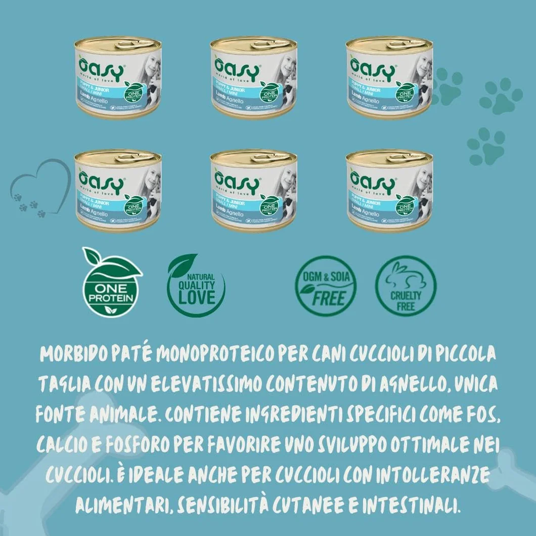 Oasy umido cane puppy monoproteico, alimento completo per cani cuccioli di taglia piccola (small) gusto AGNELLO | 6 scatolette da 200 grammi l’una.