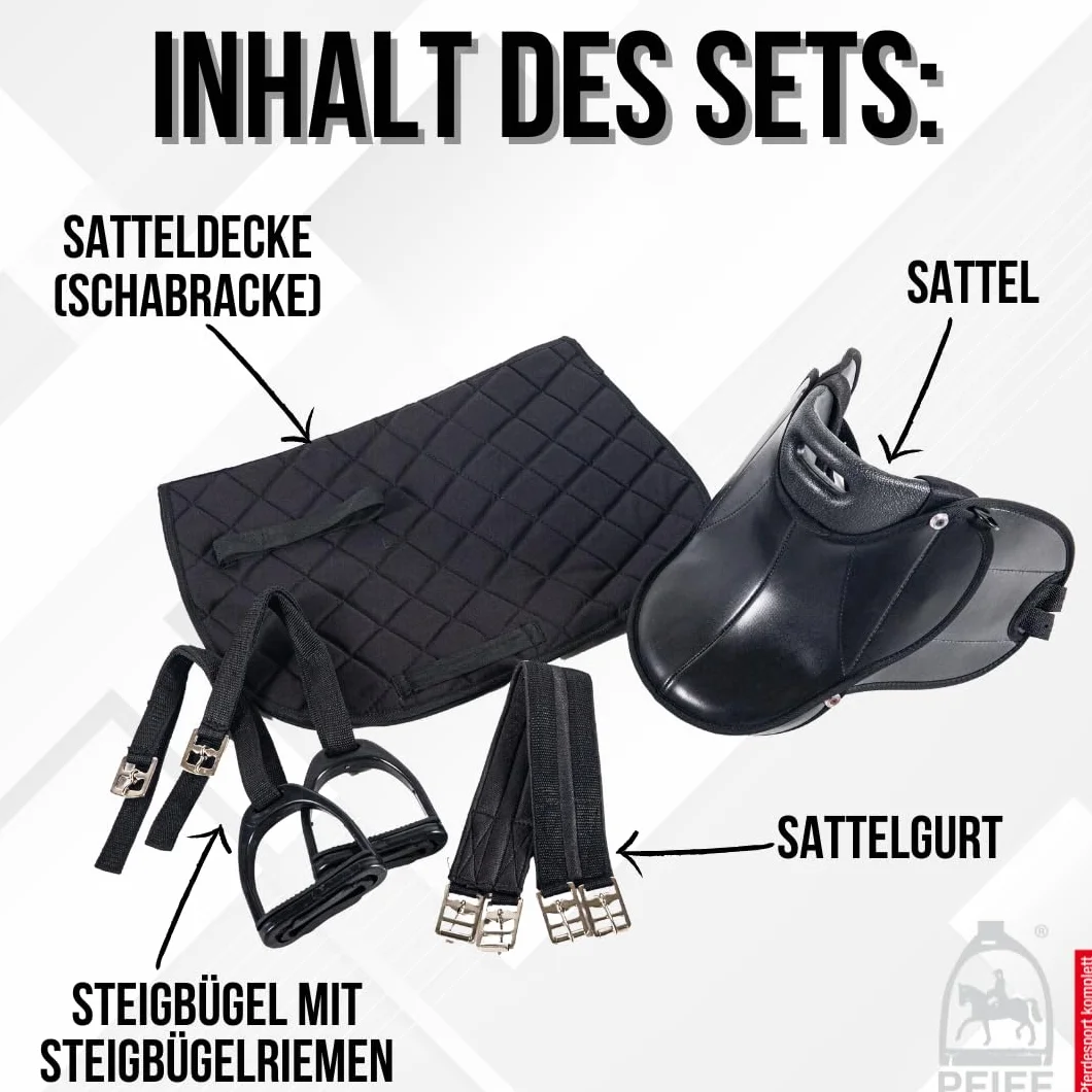 PFIFF 103106 - Set Completo Sella per shettys o Cavalli in Legno, per Bambini, Colore: Nero