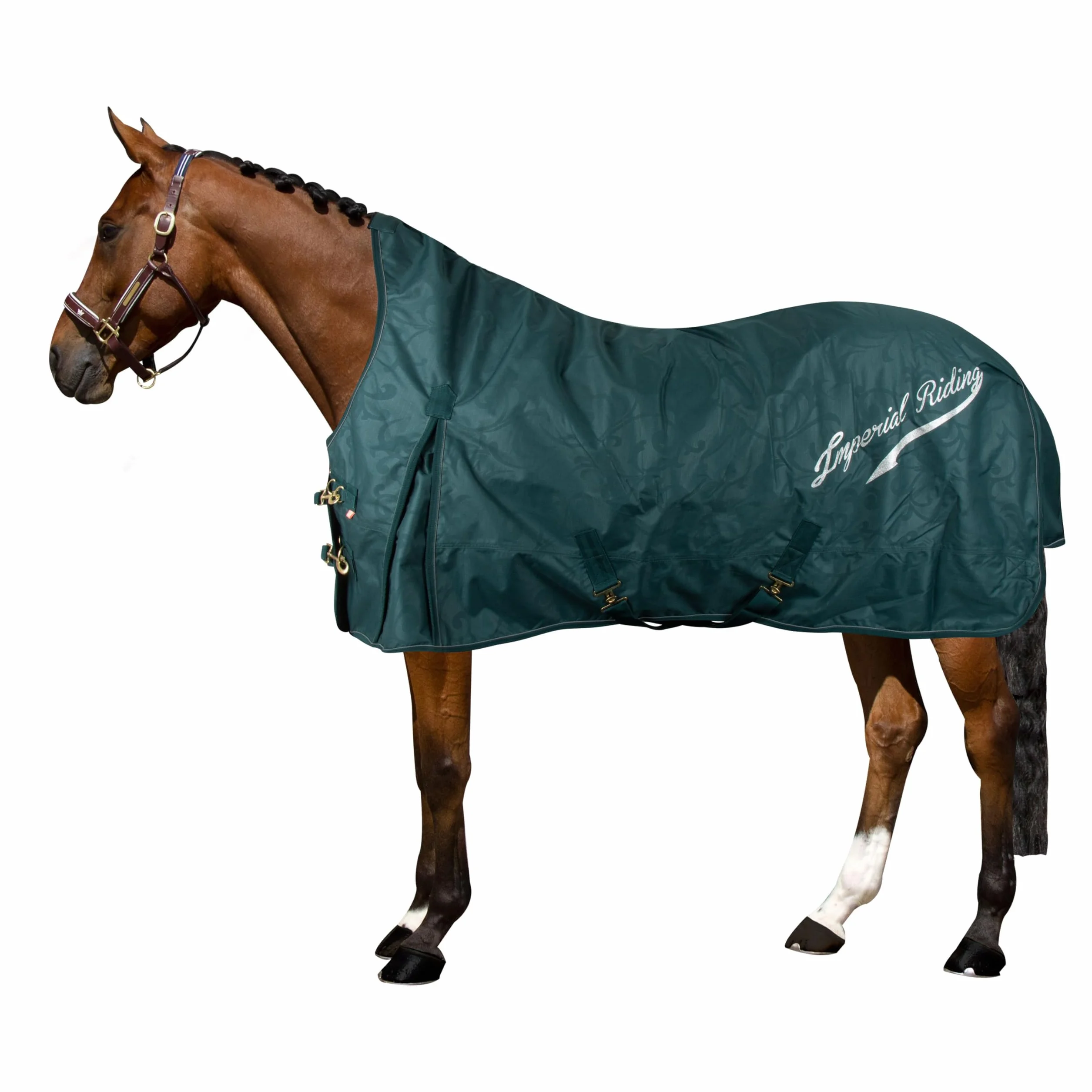 Imperial Riding IRH Super-Dry Summer Coperta 600D impermeabile e traspirante (3000 mm/3000 MVP), fodera in cotone, collo alto, cinghie incrociate e coda, coperta estiva e mezza stagione, verde bosco