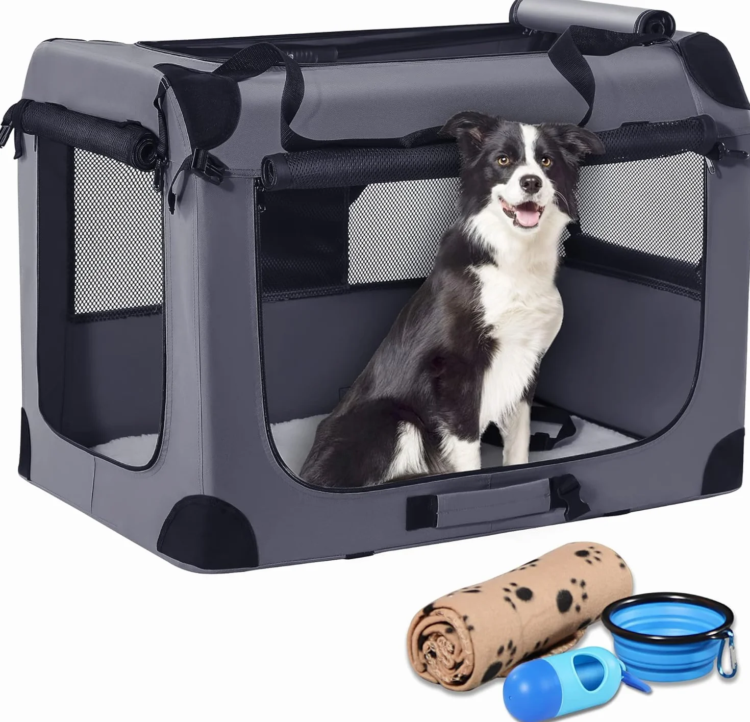 Petprsco Gabbia da viaggio portatile per cani, 81 x 58 x 58 cm, con morbida copertura, ciotola pieghevole e borsa per escrementi canini con dispenser per cani di taglia media e grande