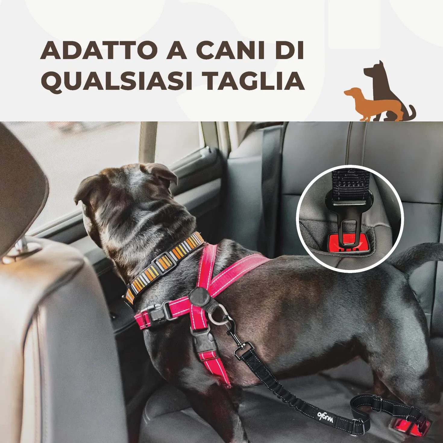 Wuglo Cintura per Cani Auto da 30 a 95 cm - Cintura di Sicurezza per Cani Elasticizzata - Cintura Auto per Cani con Attacco Spesso - Guinzaglio Auto per Cani Universale (Nero)