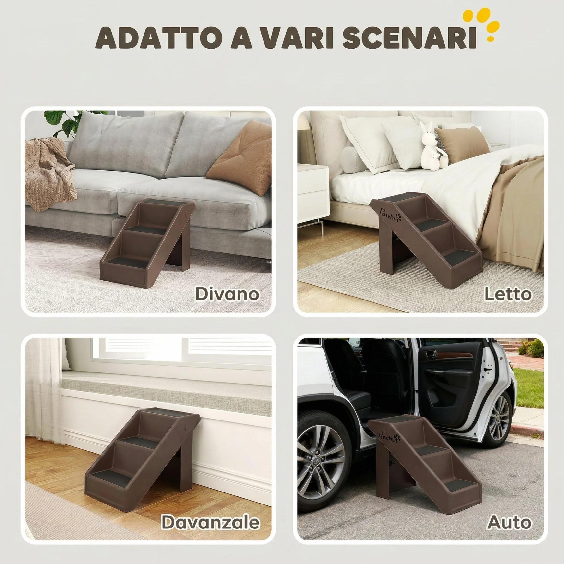 PawHut Scaletta per Cani e Gatti Pieghevole 3 Scalini Antiscivolo 10 kg 53x30.5x36.5 cm Marrone