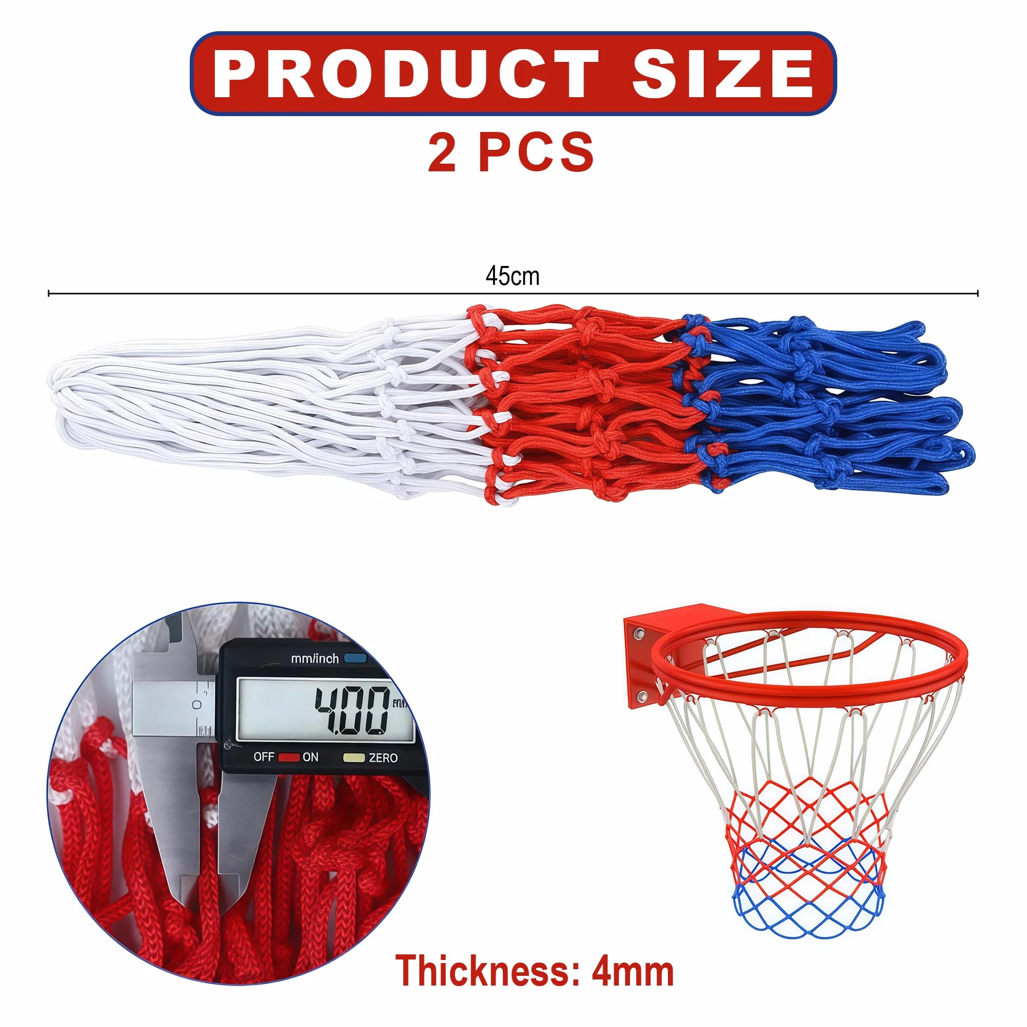 Rete da Basket Nylon Rinforzato Resistente alle Intemperie, Dimensioni Standard con 12 Anelli, 45cm per Esterno e Interno