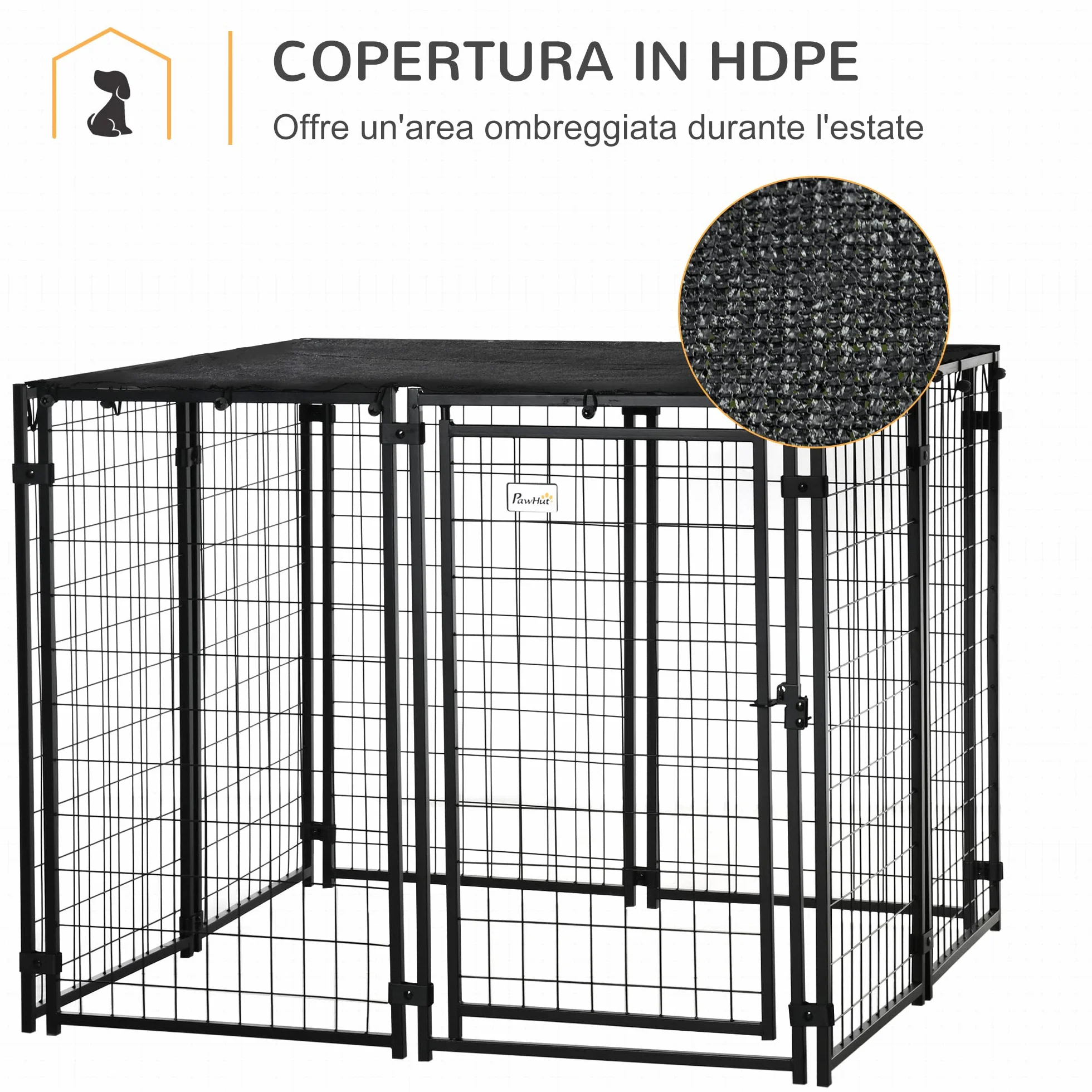 PawHut Recinto per Cani in Acciaio Pieghevole con Copertura, Box per Animali a 8 Pannelli con Porta Bloccabile, 141x141x113cm, Nero