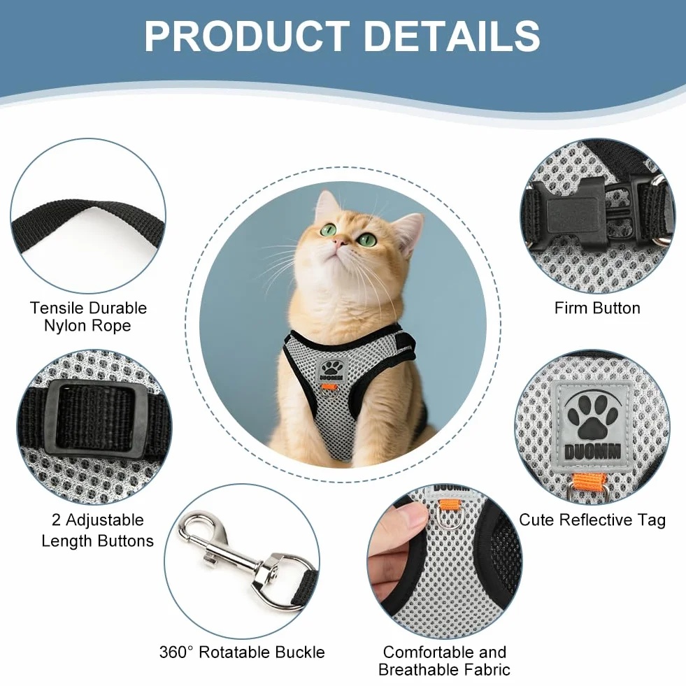 AUYAO Pettorina per Gatti– Set Antifuga Regolabile e Traspirante per Gatti Piccoli/Medi, Design Riflettente per Passeggiate Notturne, Comfortevole e Sicuro (Grigio-Nero, S)
