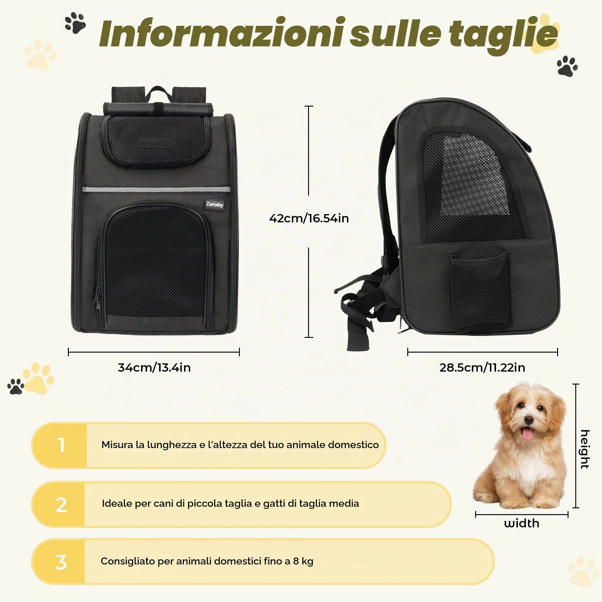 Zavothy Zaino per Cani e Gatti, Zainetto Trasportino Portatile e Pieghevole, con Finestra a Rete e Supporto Imbottito per la Schiena, Traspirante, Carico Massimo 8kg (Nero)