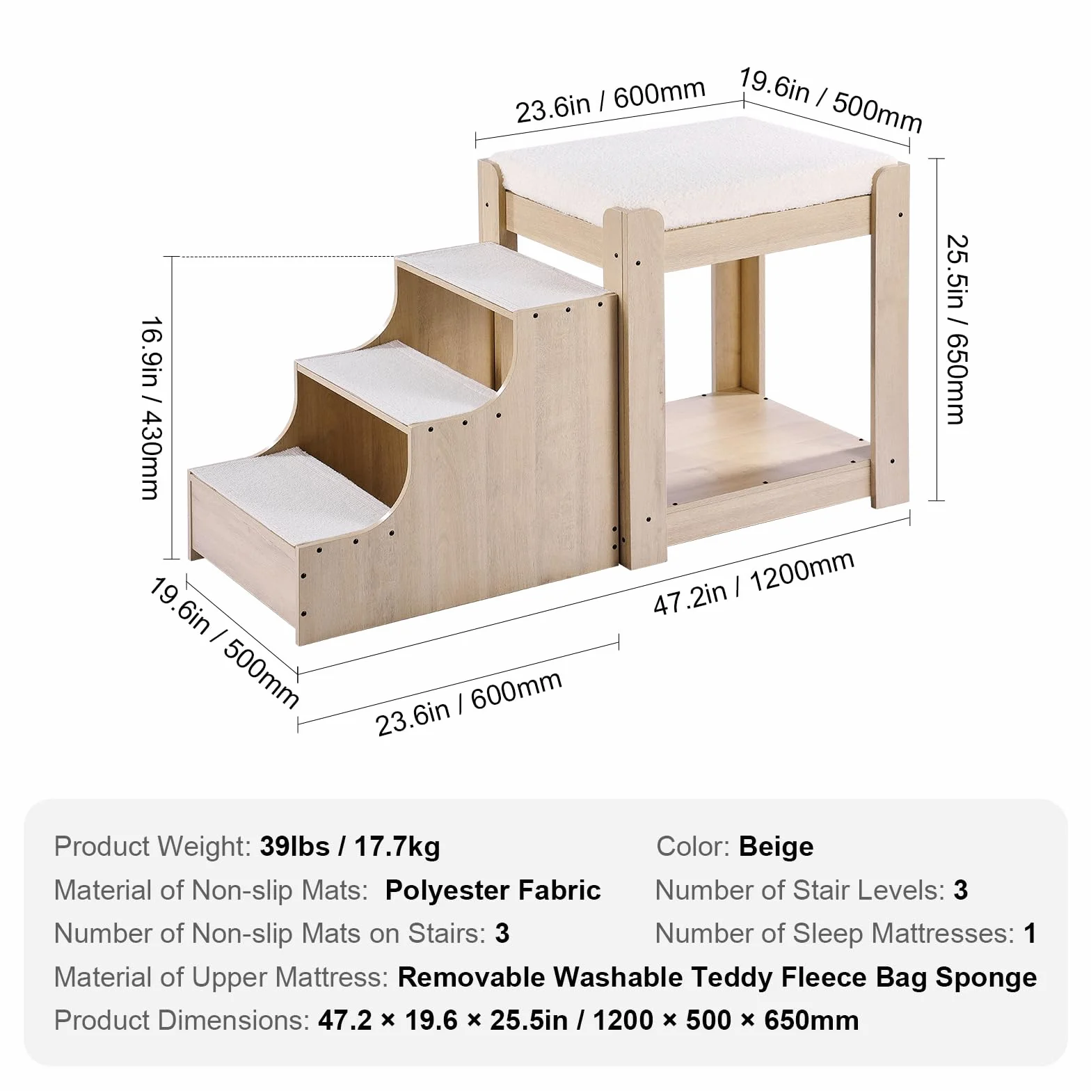 VEVOR Letto a Castello per Animali Domestici con Scale, Trespolo per Finestra per Cani/Gatti, Piattaforma Rialzata con Cuscino in Schiuma, Beige