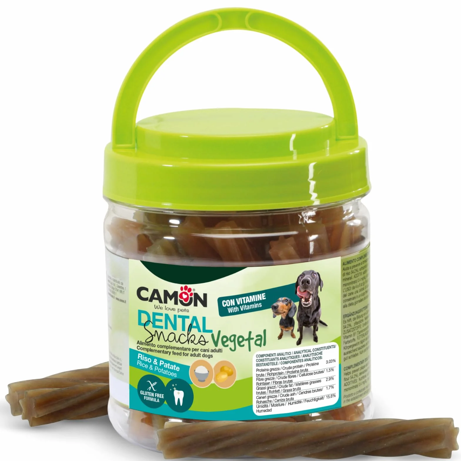 CAMON Dental Snacks Vegetal - Twisted Sticks Mix con Riso, Patate e Vitamine Aggiunte - Snack Vegetale per Cani Adulti - Bastoncini 10cm - Gluten Free Formula - 350g