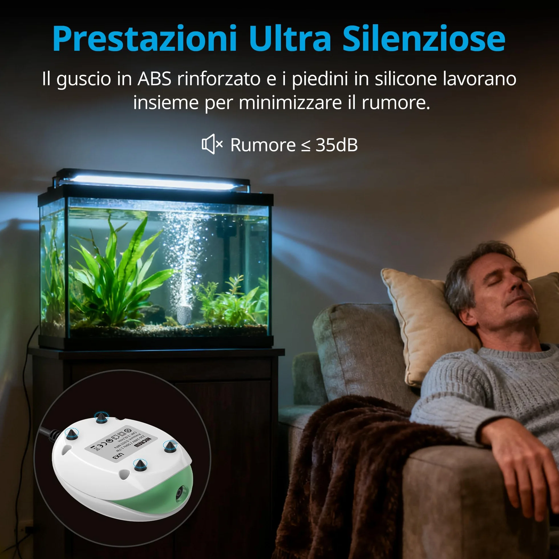 NICREW Pompa d'Aria per Acquario Silenziosa 150 L Flusso Regolabile <35 dB