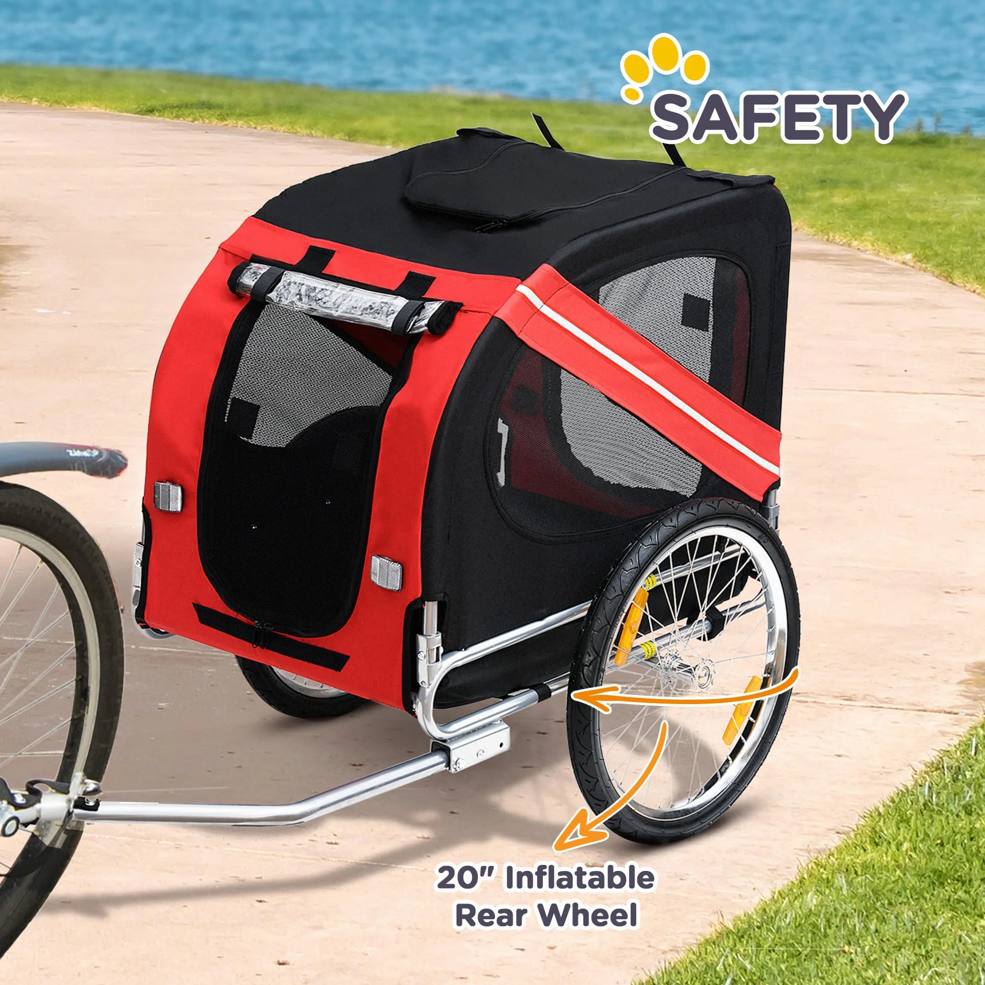 PawHut rimorchio bicicletta per cane animali pieghevole 8 riflettori Bandiera barra traino incluso Acciaio Poliestere Impermeabile Max. 40 kg 140 x 90 x 106 cm