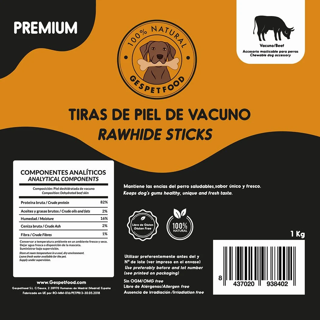 Snack Disidratato per Cani - Strisce di Pelle di Bovino - Sacchetto da 1kg - 15 cm - Sapore Pancetta - Senza Cereali - Gengive Sane - Dolci Cani - Prodotto in Spagna - GESPETFOOD