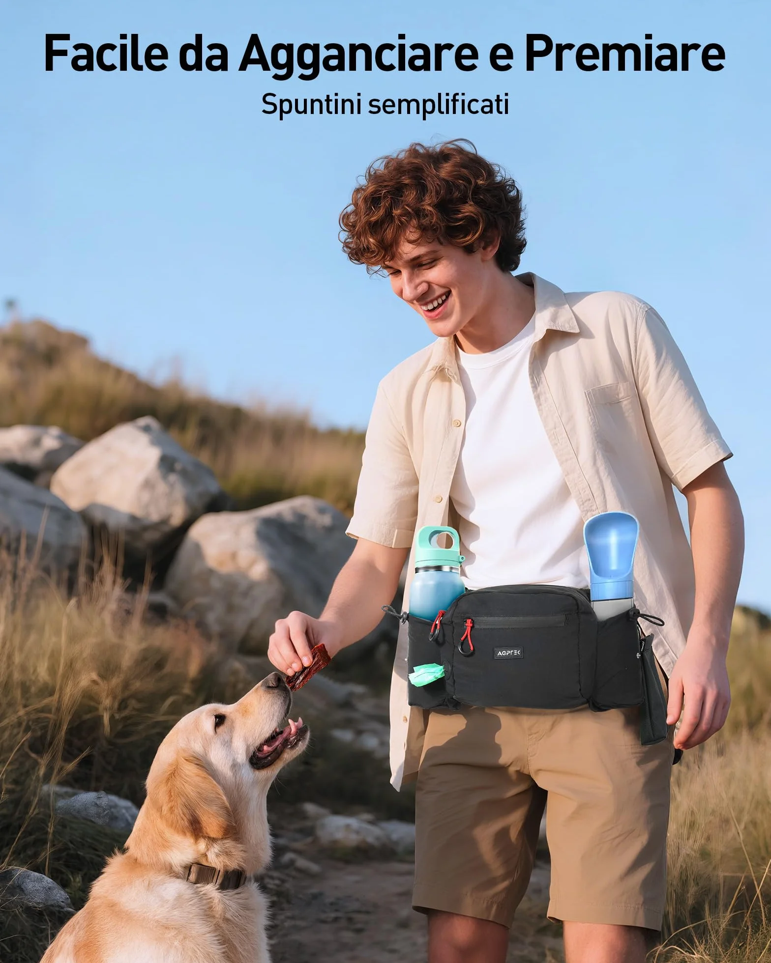 AGPTEK Marsupio per Cani con Borsa Snack Rimovibile, Impermeabile, Alta capacità, Portaborraccia, Dispenser Sacchetti Igienici, per Addestramento e Passeggiate, Nero